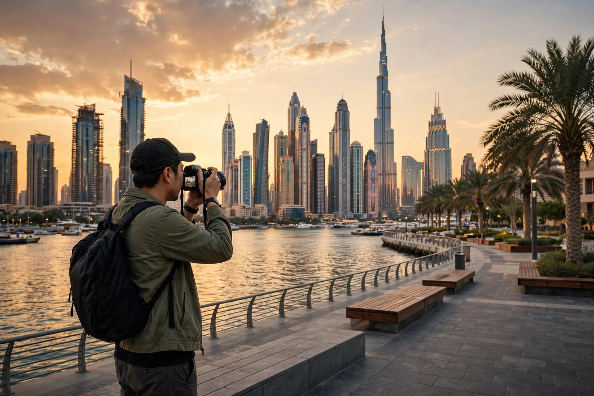 Tourist photographing the Dubai skyline from a waterfront promenade