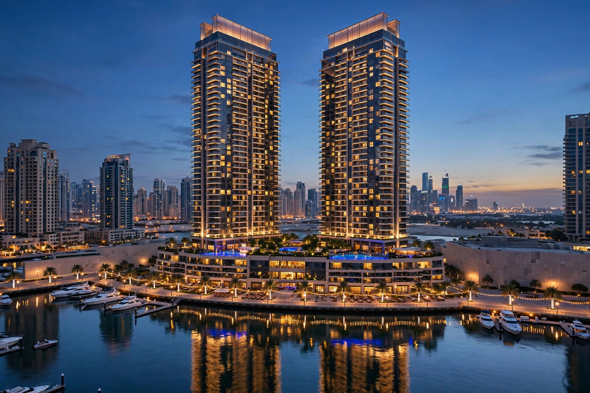 Grosvenor House towers above Dubai Marina at dusk with lights reflected in water