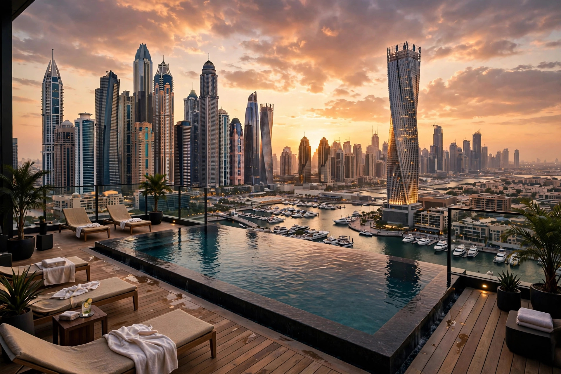 Rooftop pool and skyline view at Taj Jumeirah Lakes Towers in Cluster X