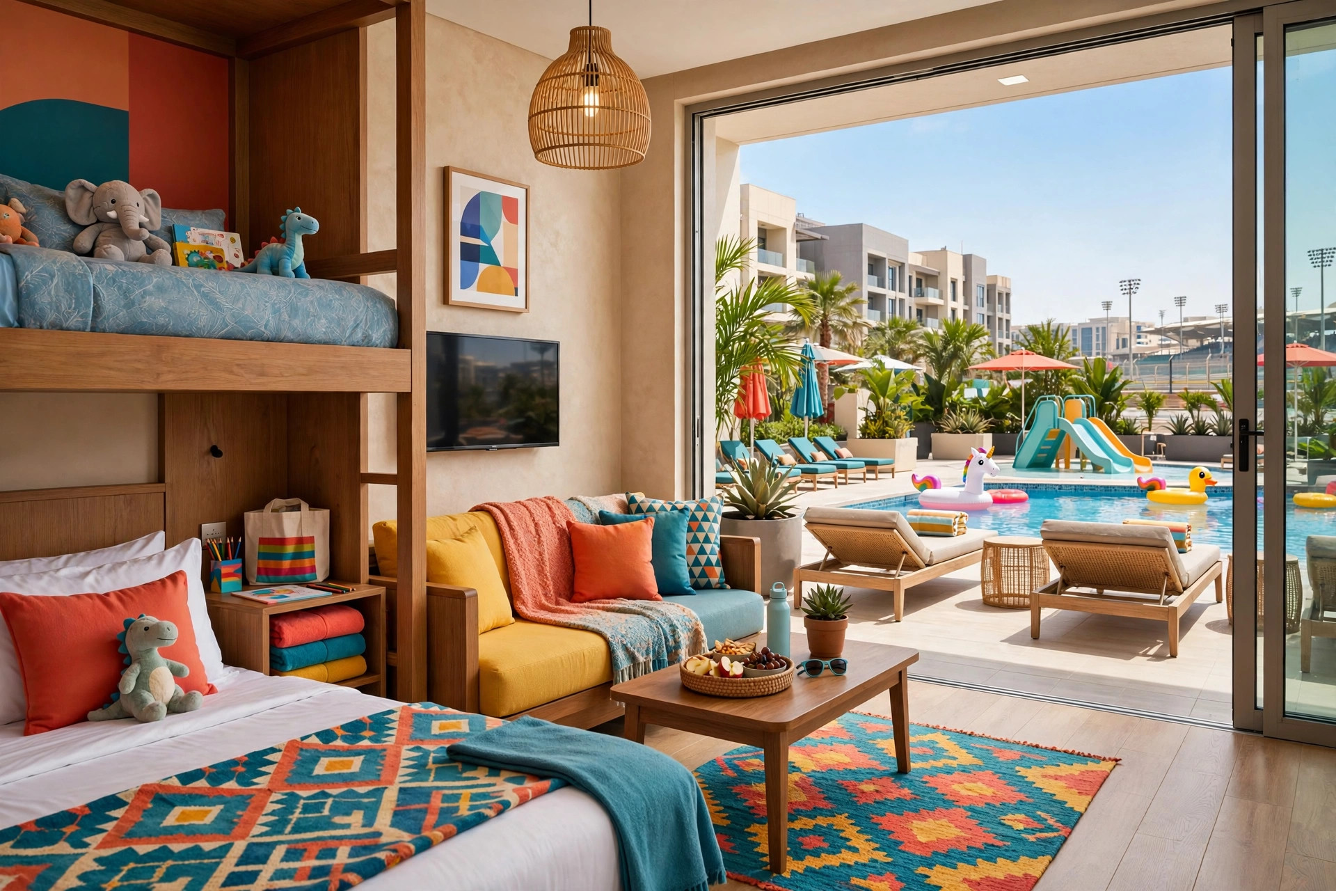 Colourful family room and pool at Park Inn by Radisson Dubai Motor City