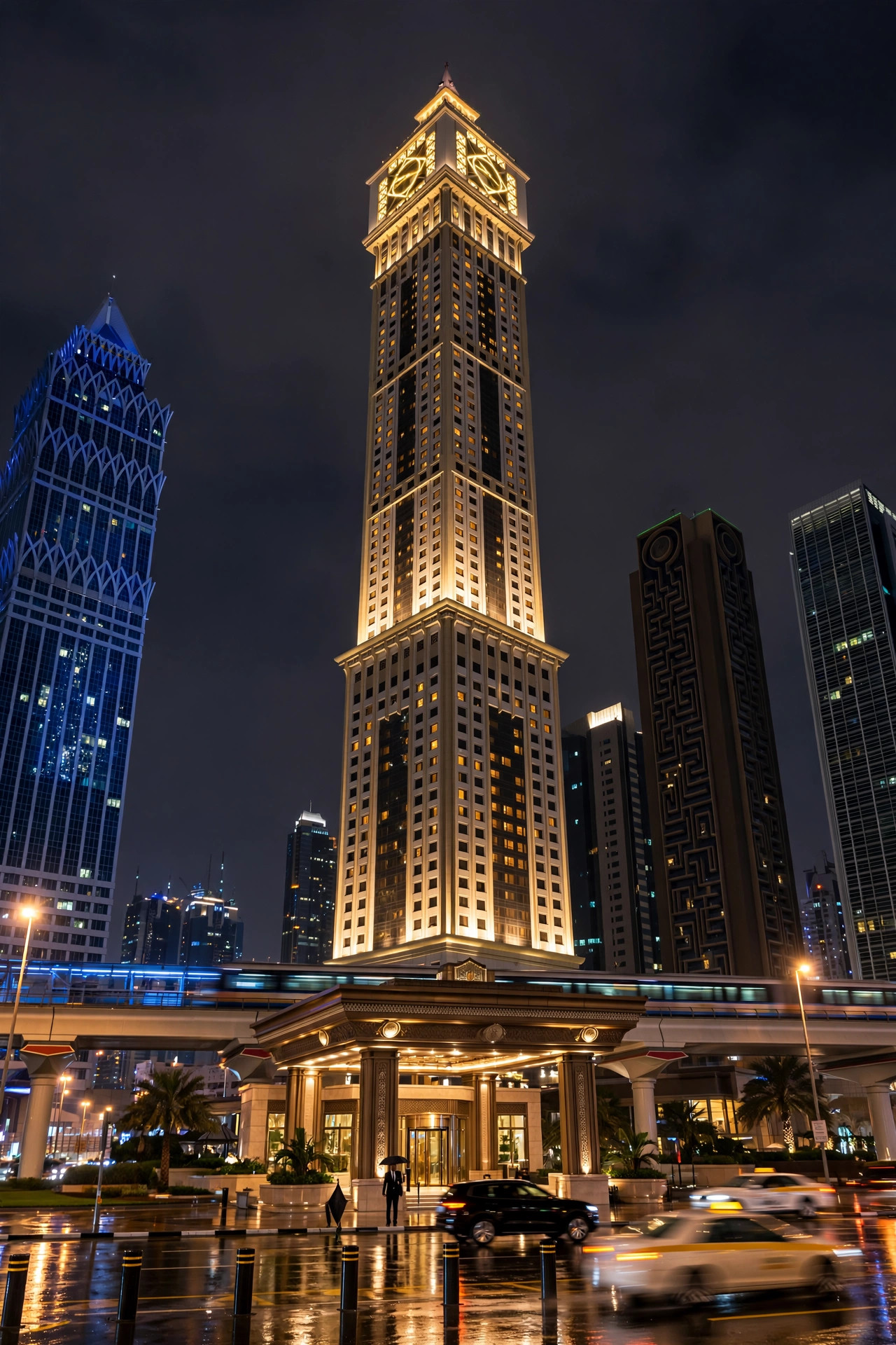Fairmont Dubai clock tower facade illuminated at night on Sheikh Zayed Road