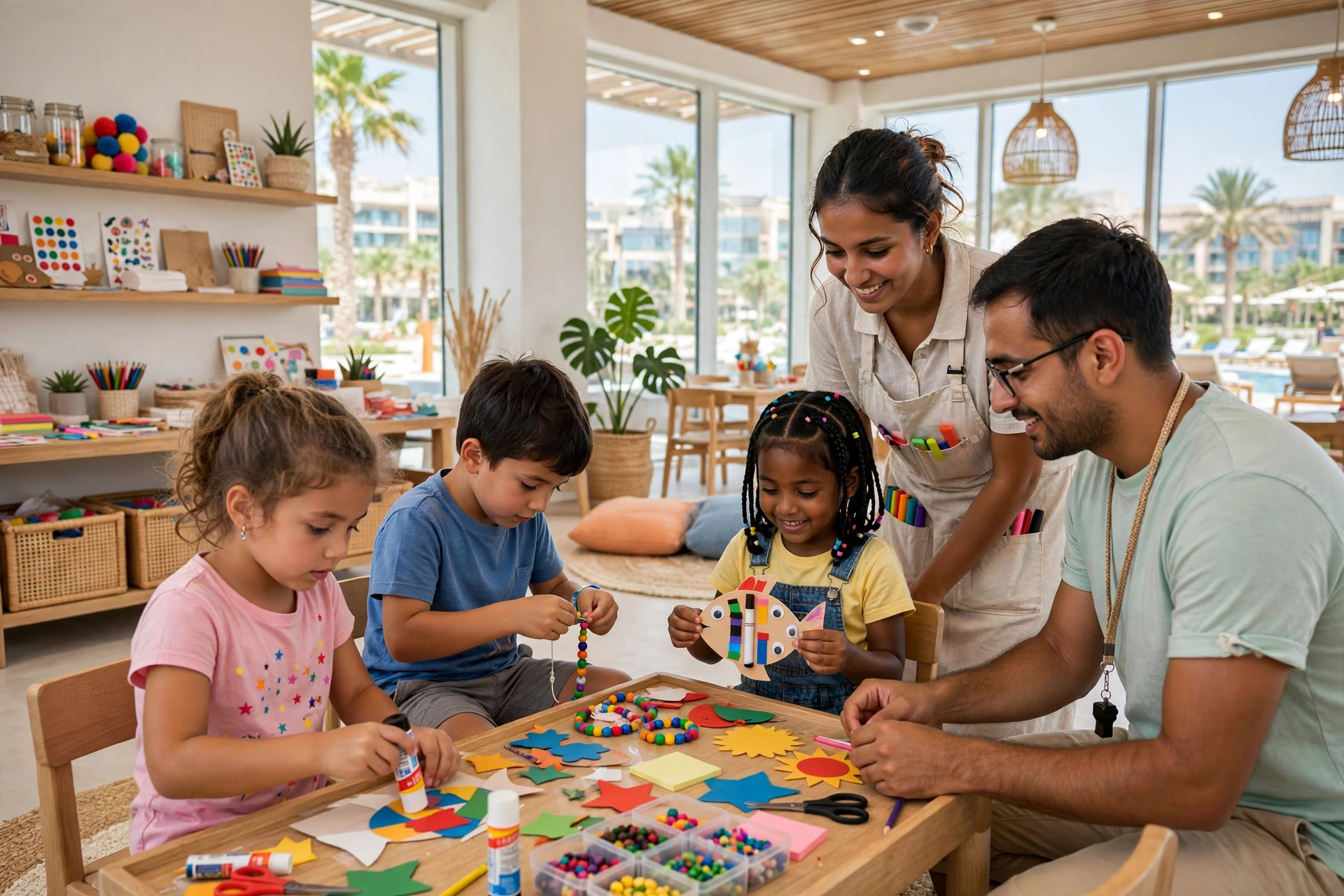 Young children doing crafts with staff at a bright resort kids club in Dubai