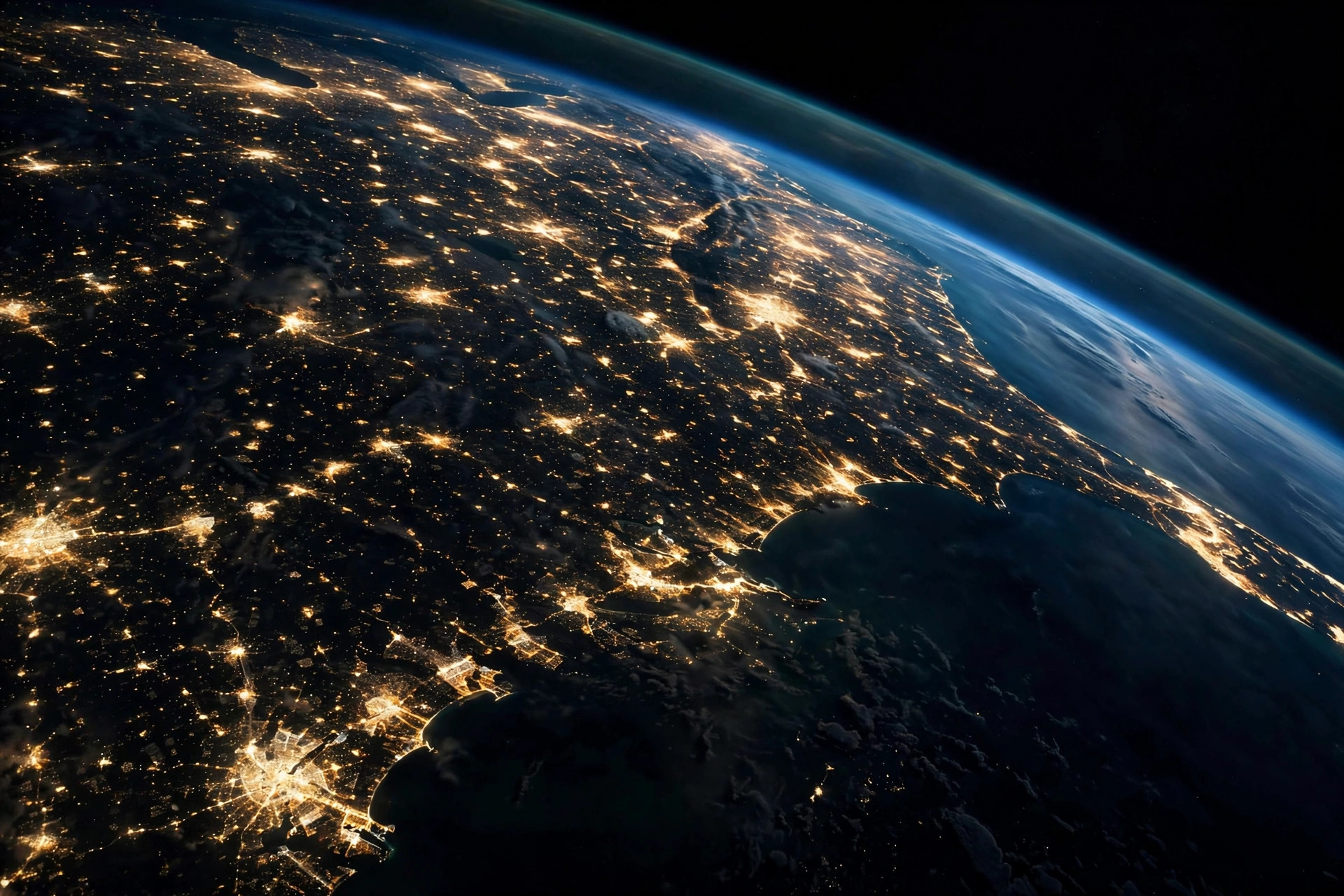 Earth observation view of coastline and city lights from orbit