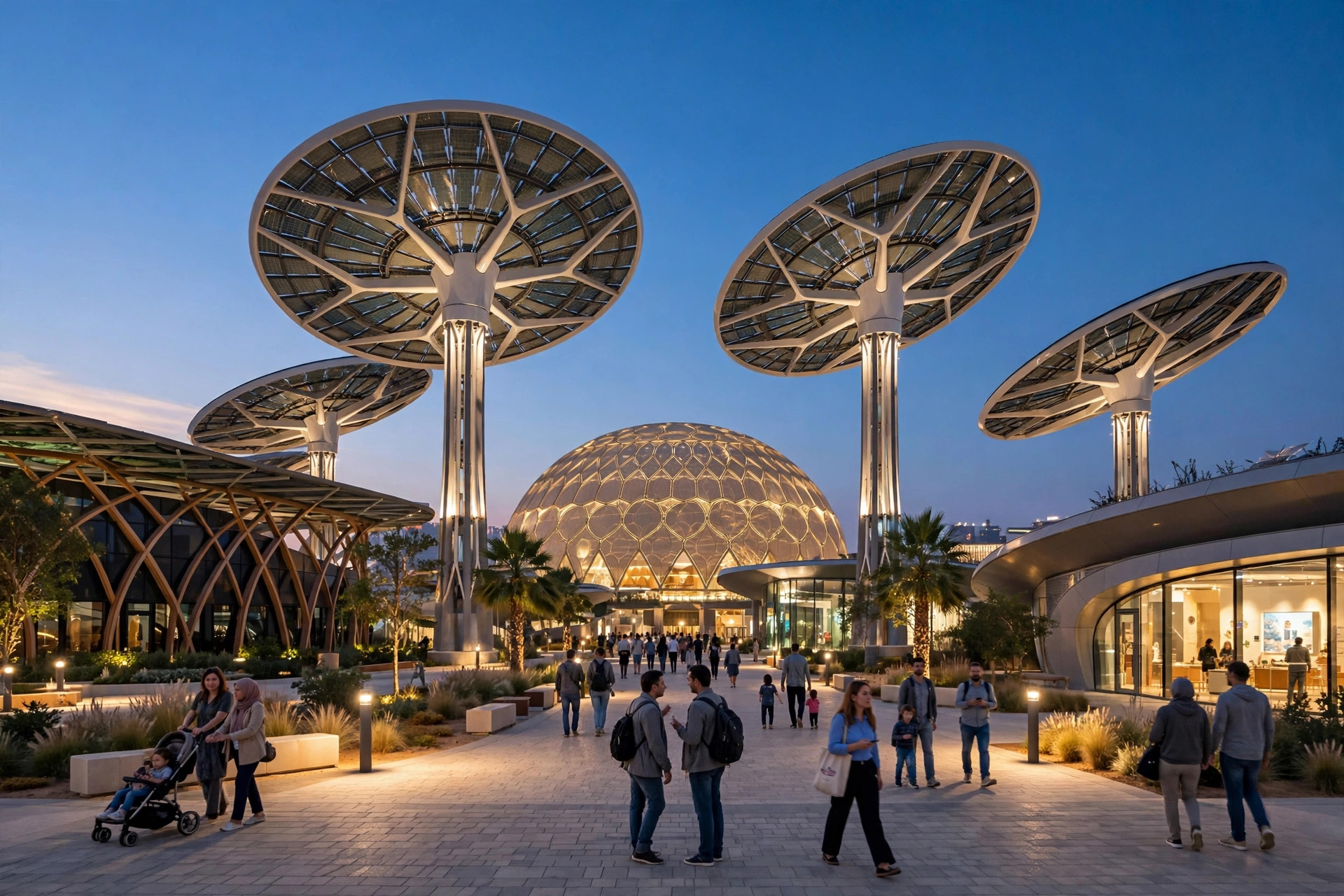 Expo City Dubai pavilions in the evening with visitors walking between them