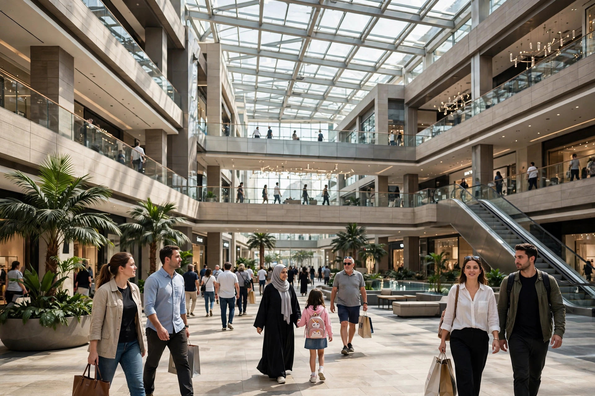 Shoppers walking through a bright Dubai mall atrium
