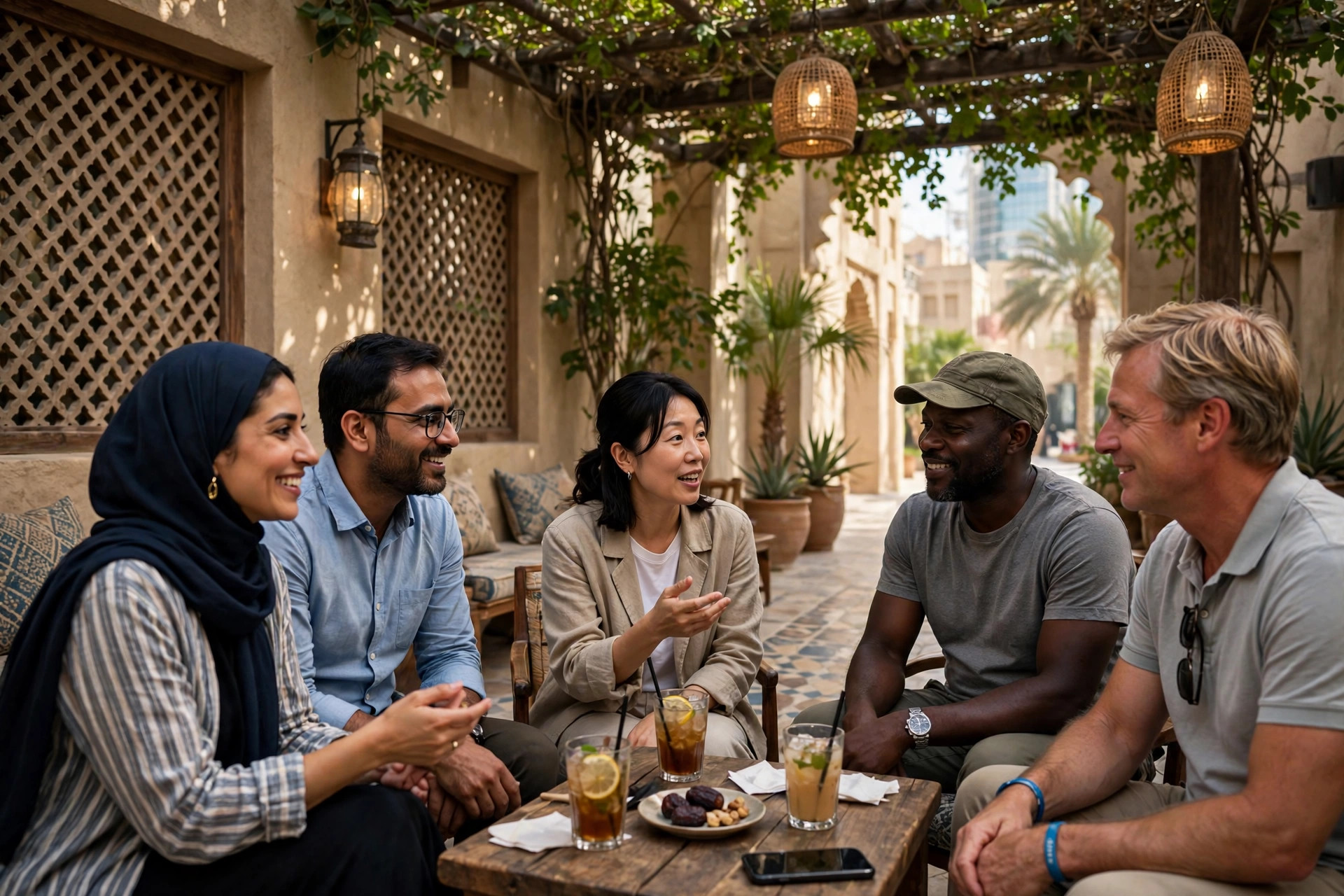 Diverse group of residents talking together in a shaded Dubai courtyard