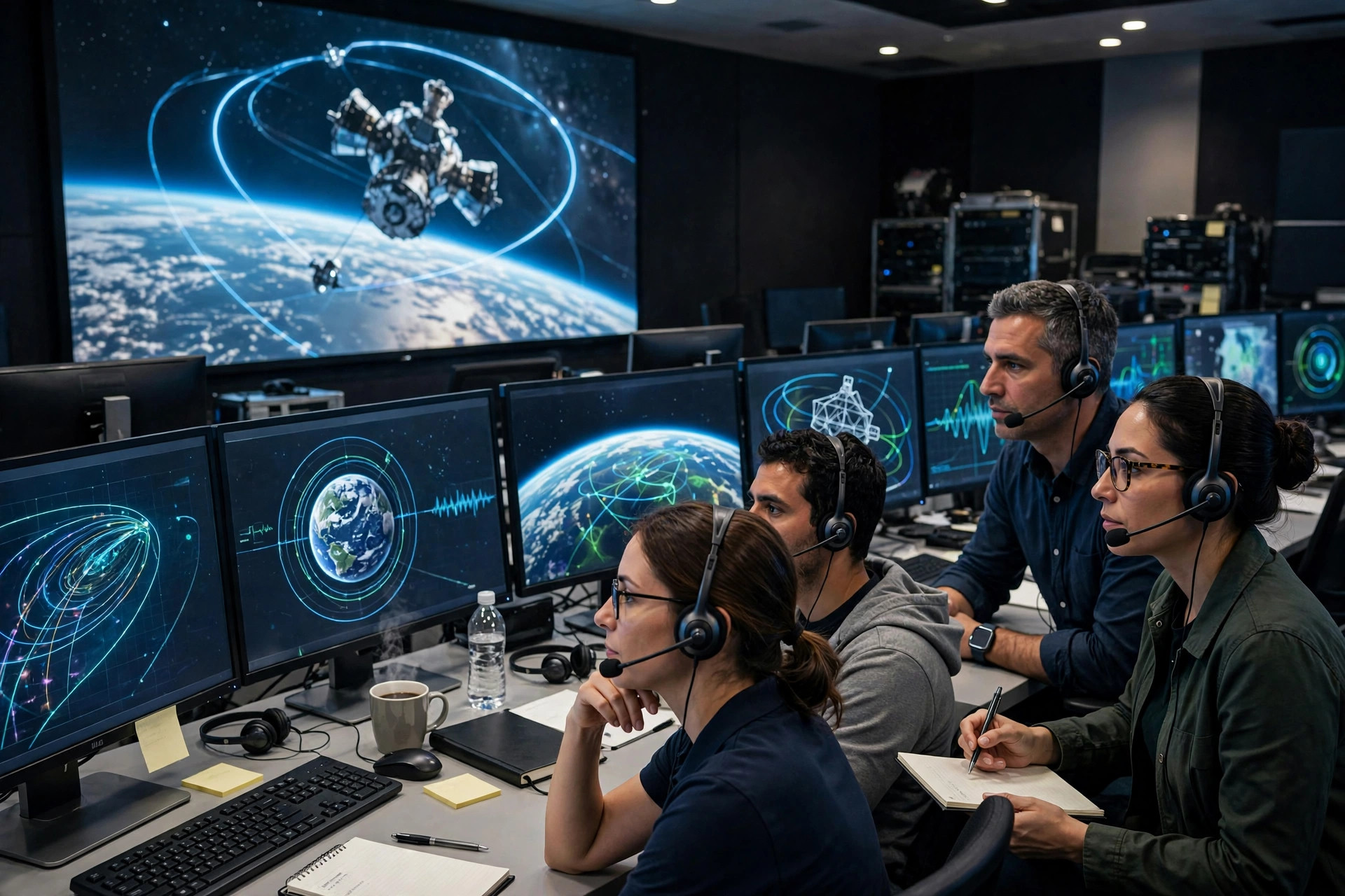 Mission control engineers monitoring screens during a spacecraft briefing