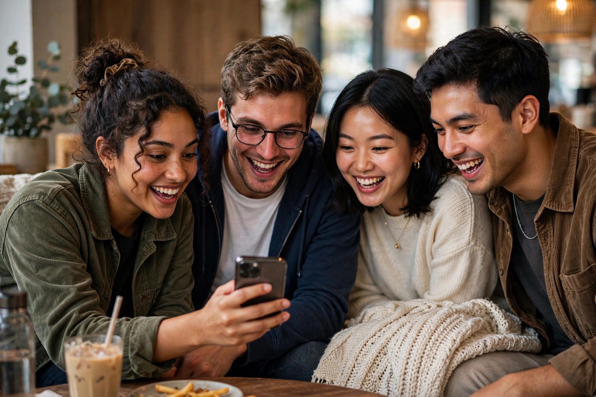 Friends celebrating while looking at a phone screen together