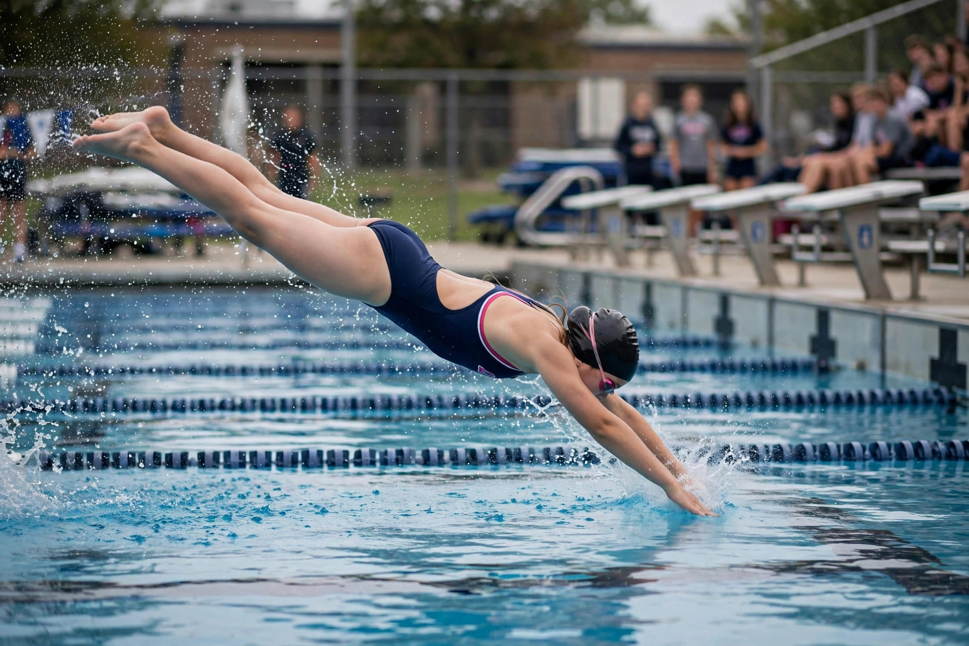 Young swimmer diving into a pool at a school sports competition