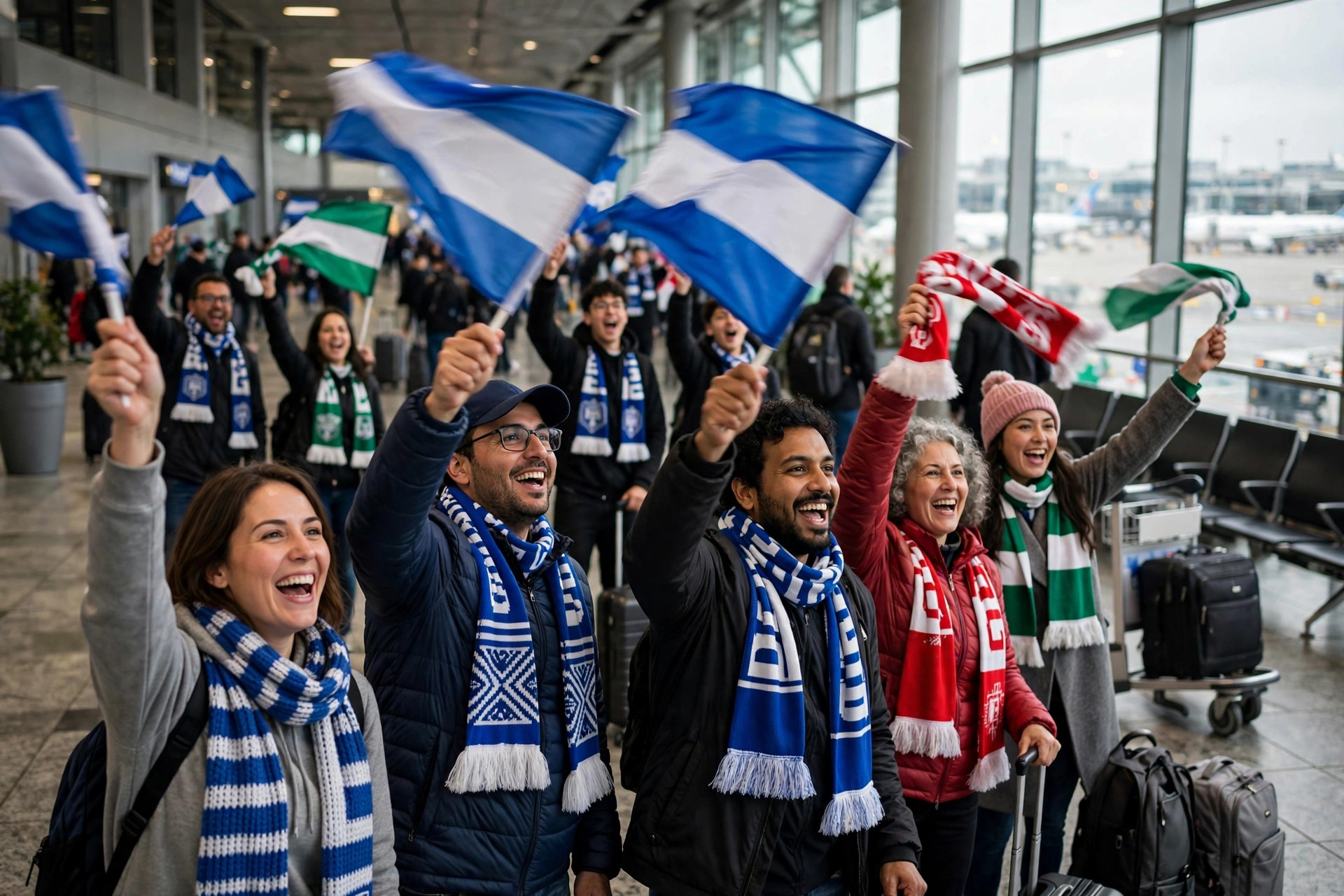 Fans waving flags and scarves inside an airport departure hall