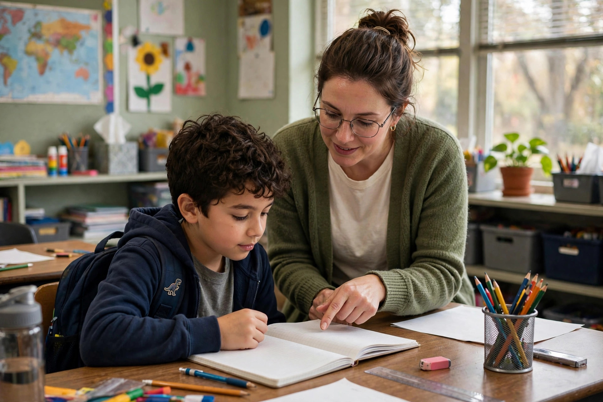 Teacher helping a student with schoolwork at a desk