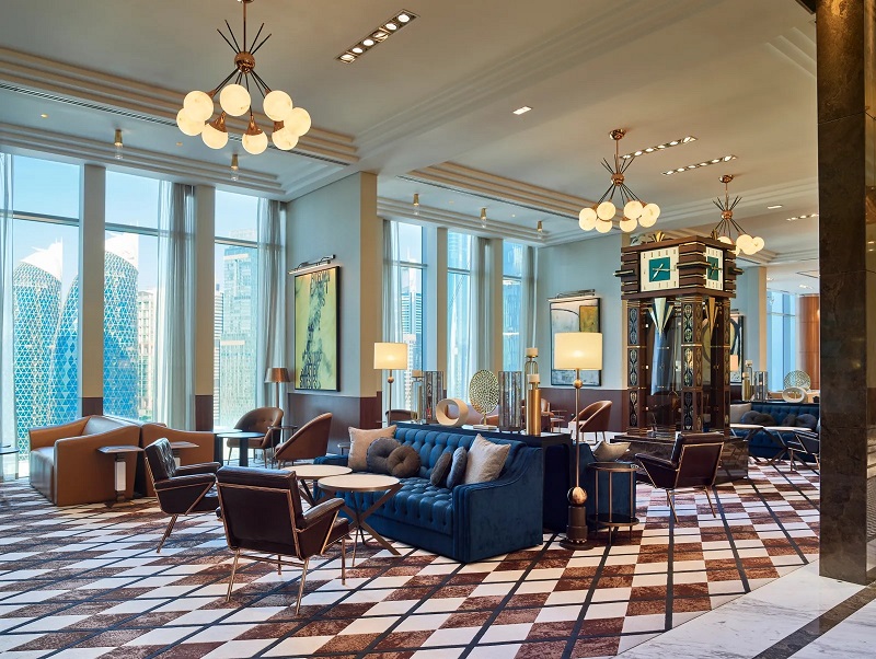 Elegant hotel lounge with 1960s-inspired styling in DIFC Dubai
