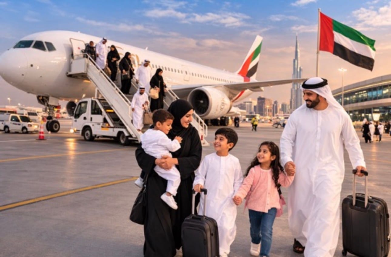 Family at Dubai airport departures during a school holiday