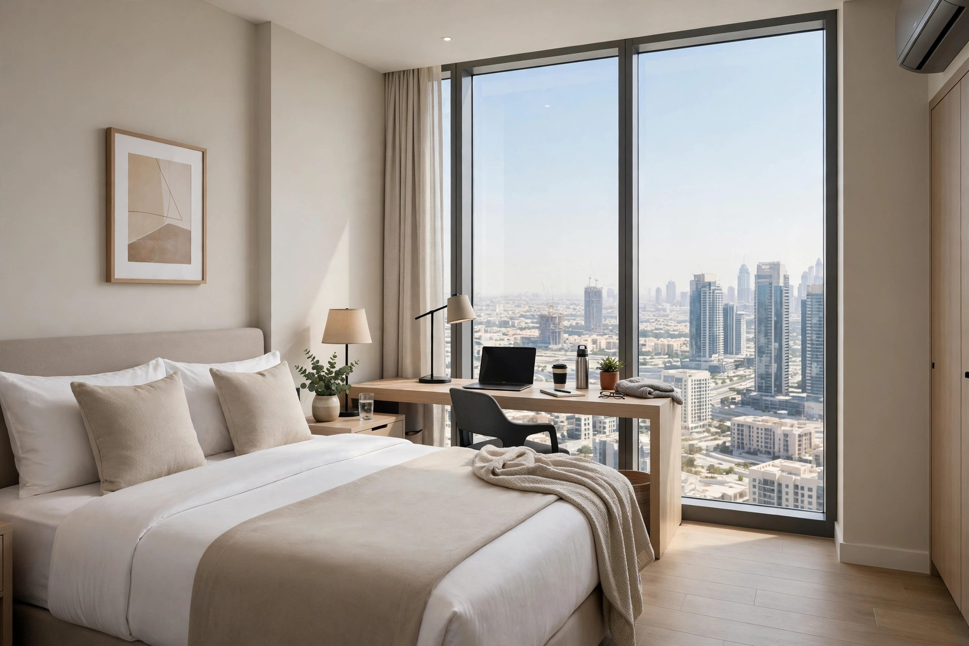 A clean, bright mid-range hotel room in Dubai with a queen bed and city views