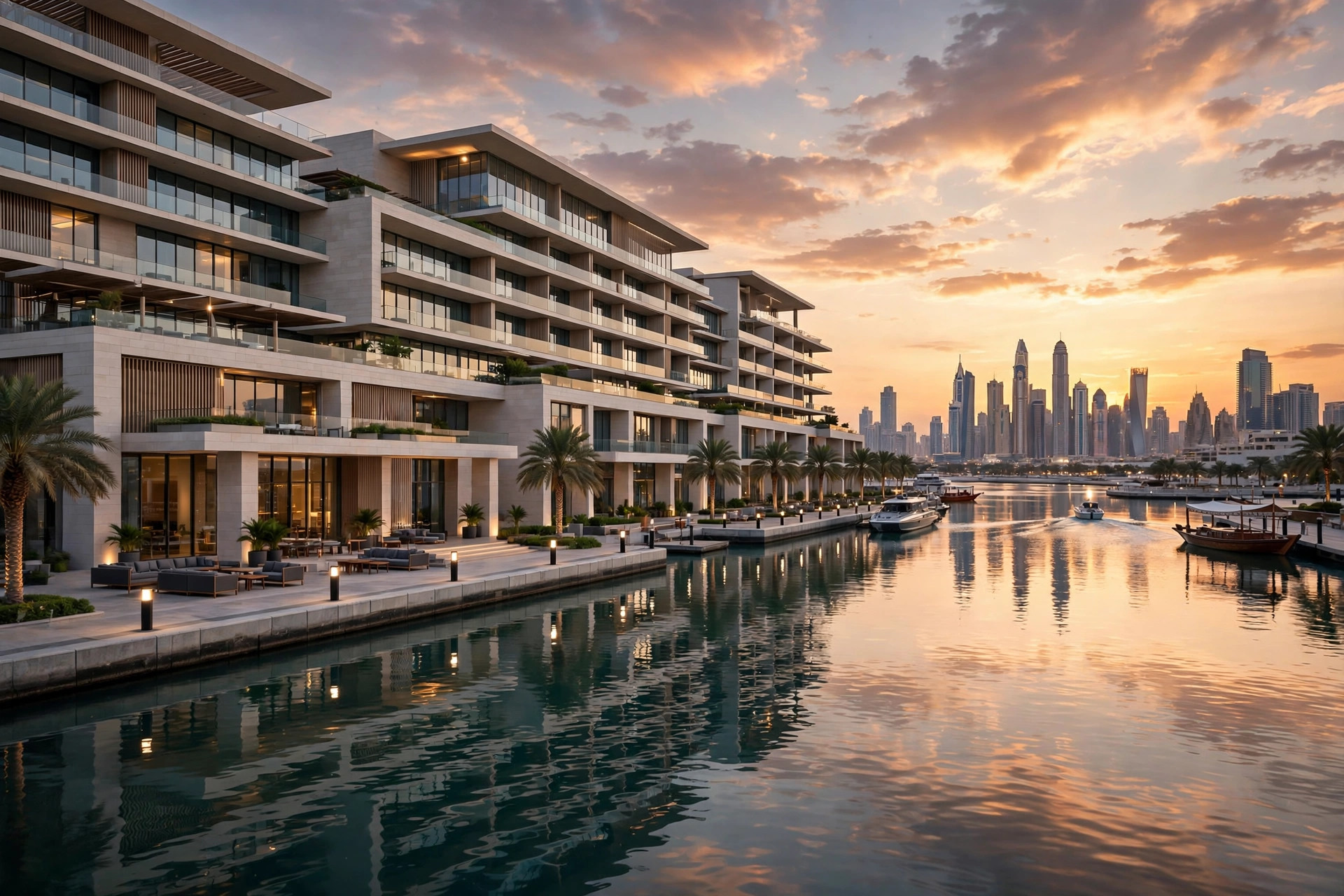 Radisson Blu Hotel Dubai Waterfront overlooking the Dubai Water Canal at sunset