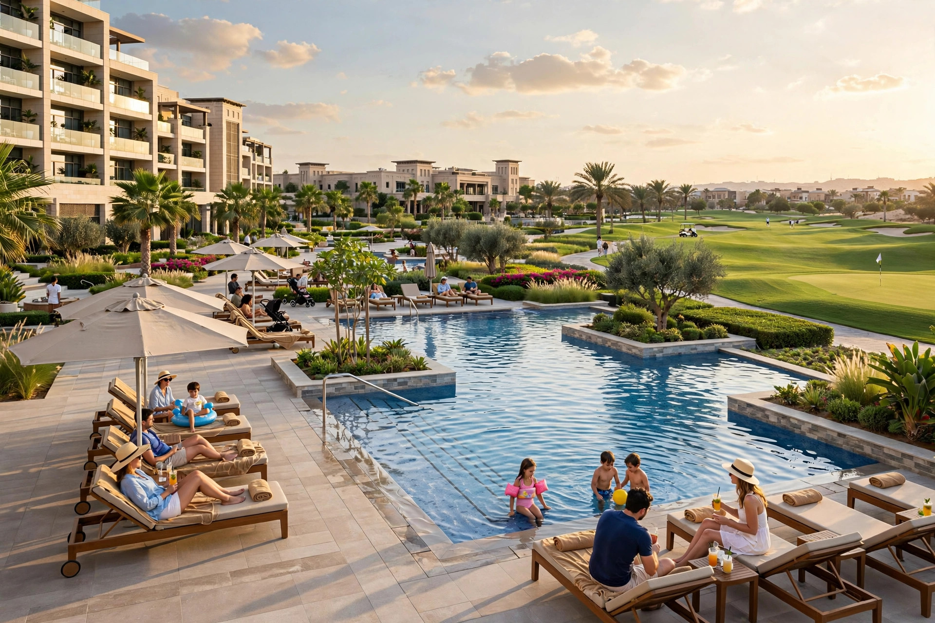 Resort-style hotel pool and gardens beside a golf course in Damac Hills, Dubai