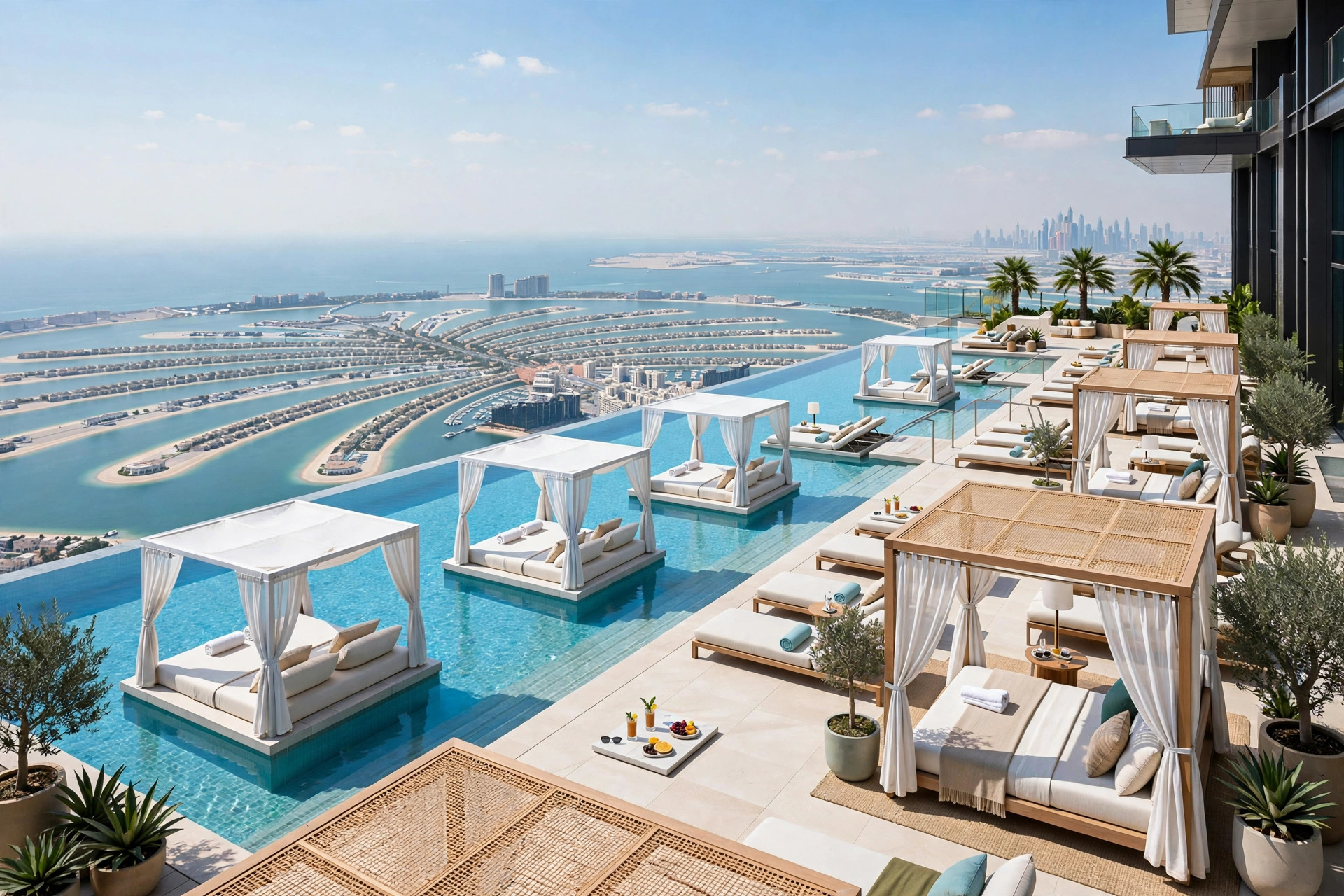 Long sky pool deck with floating beds and cabanas above Palm Jumeirah