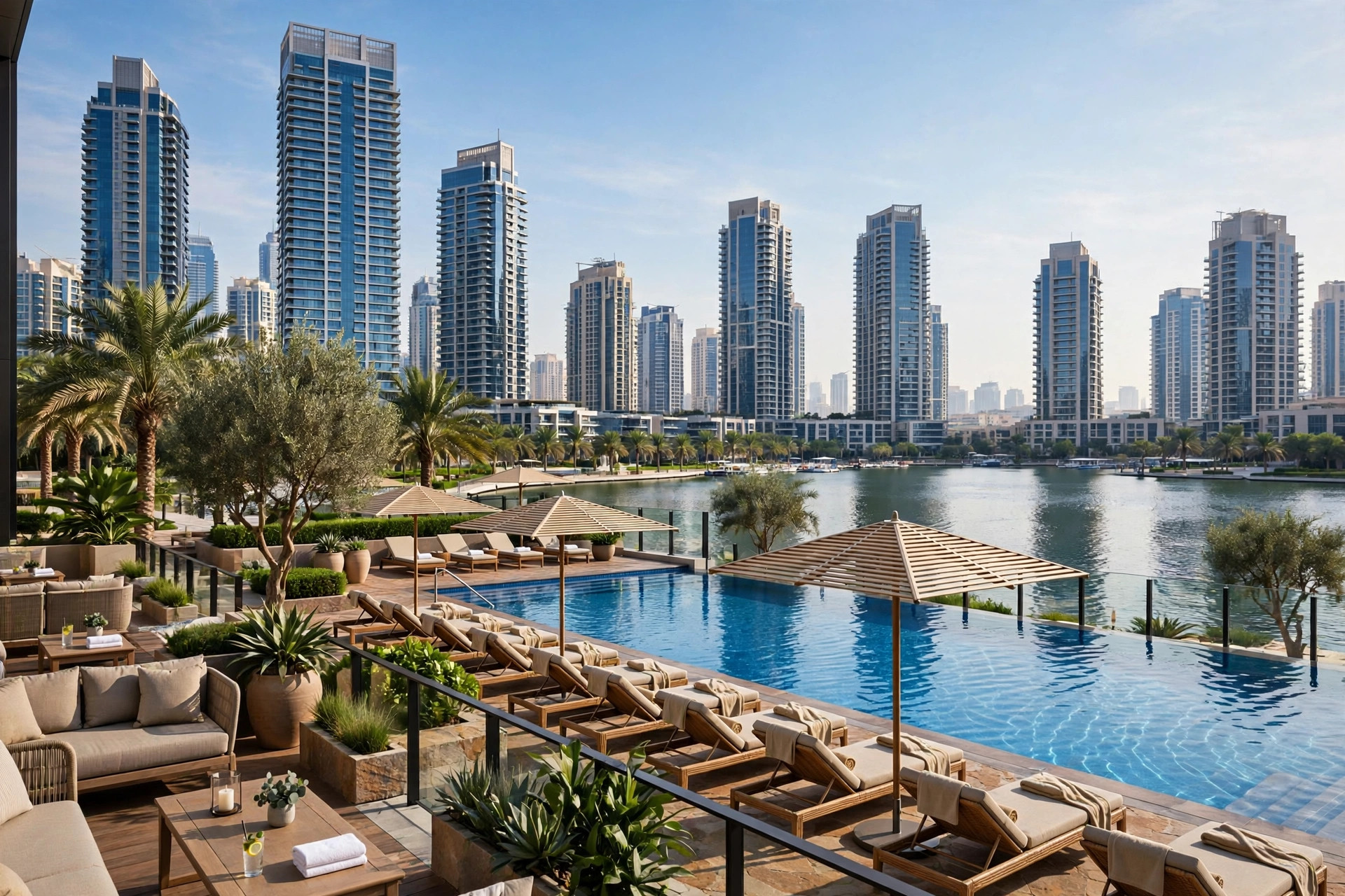 Lakeside terrace and pool deck at Movenpick Hotel Jumeirah Lakes Towers Cluster A