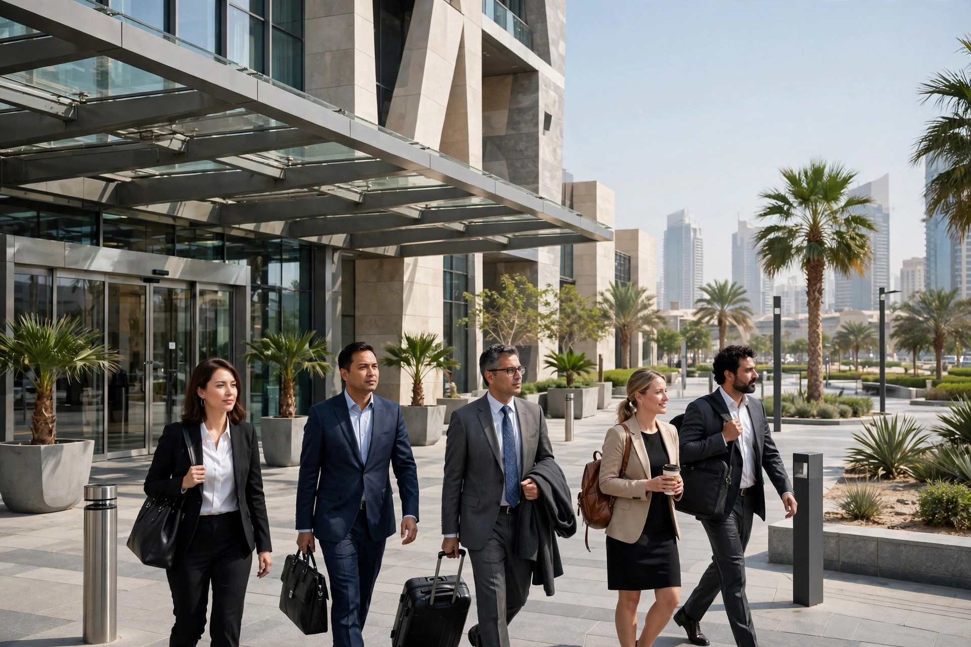 Novotel World Trade Centre entrance with delegates walking towards the exhibition halls