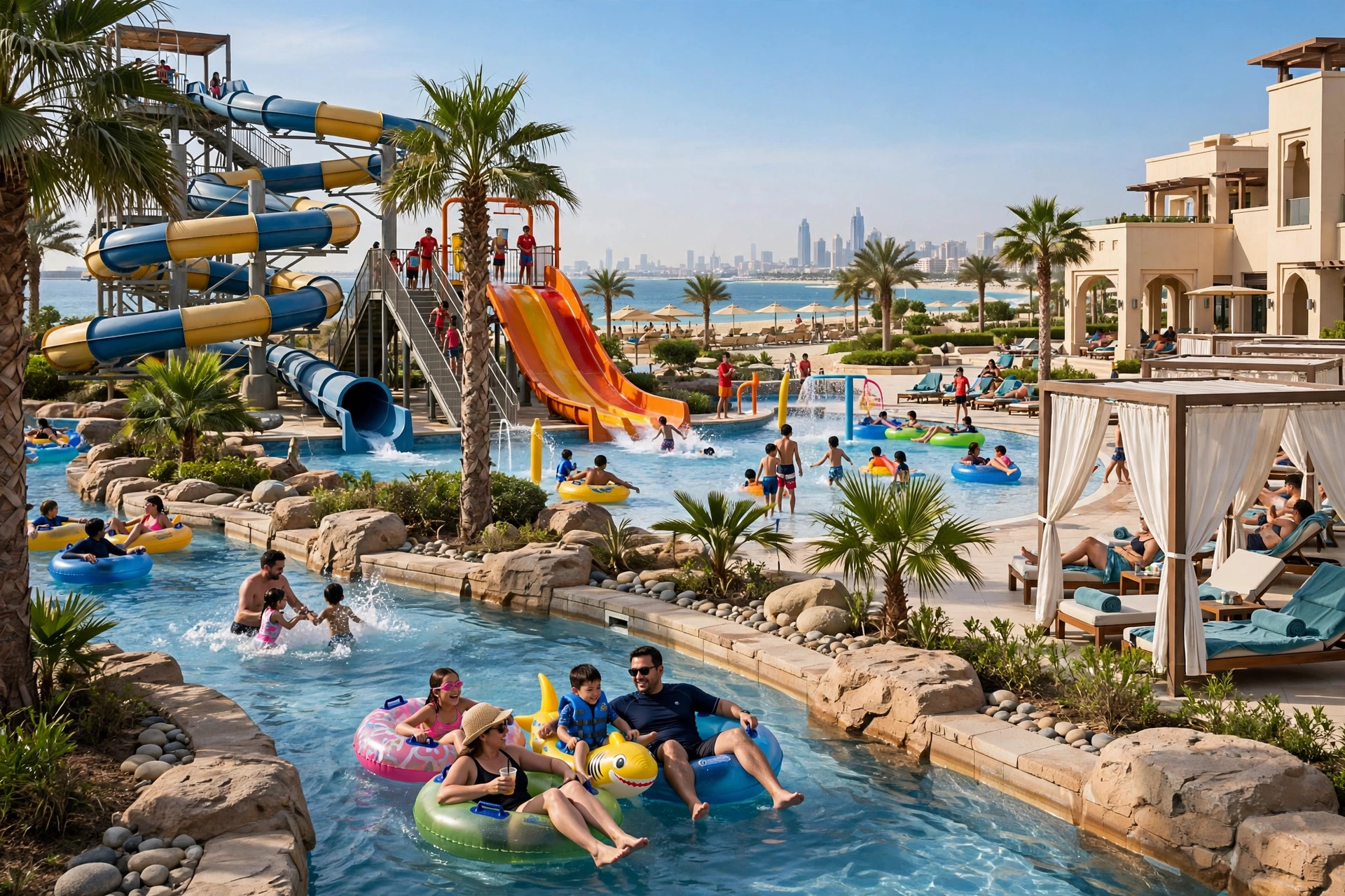 Family waterpark with slides and lazy river at Centara Mirage Beach Resort Dubai