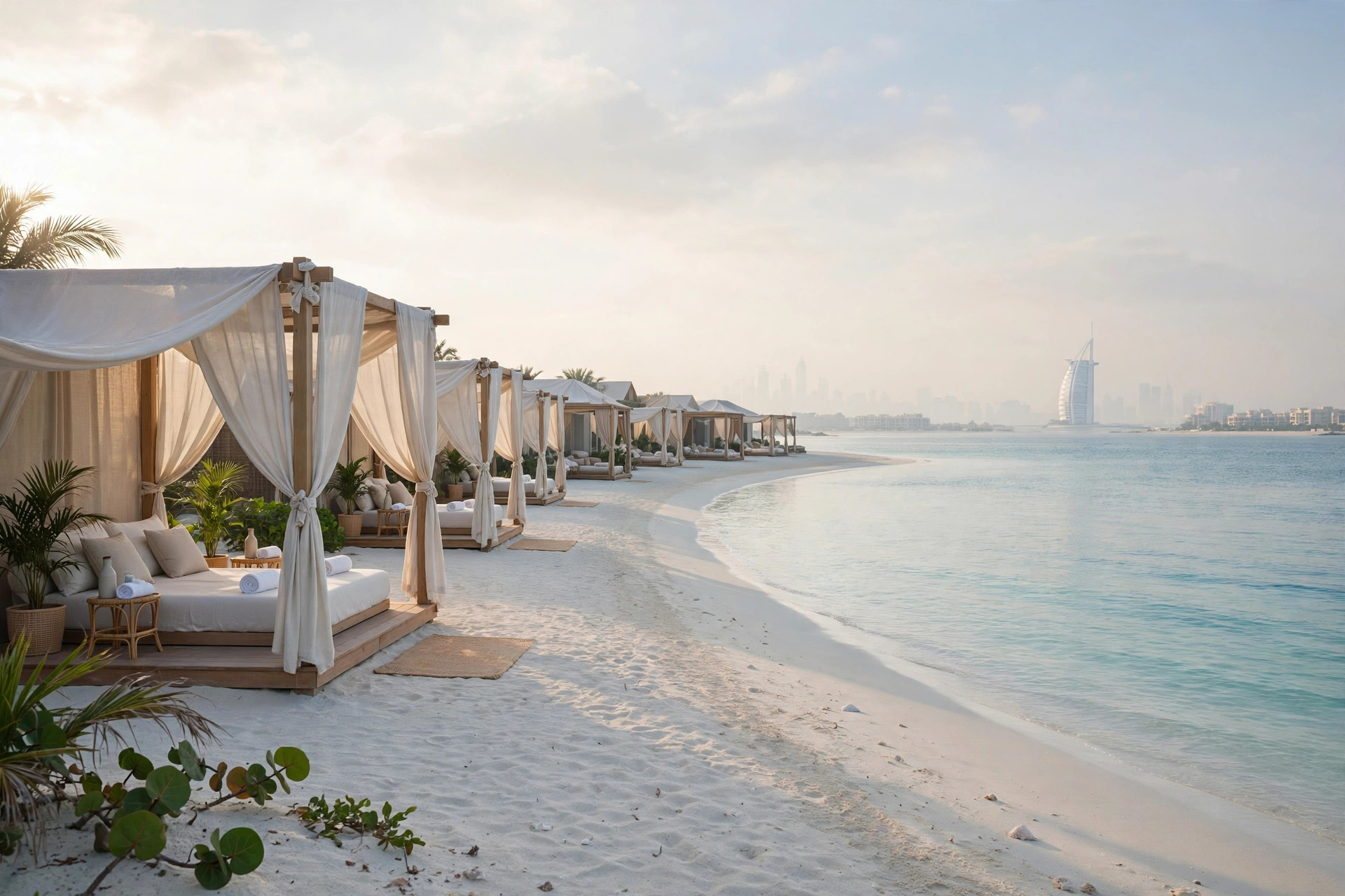 White-sand private beach with elegant day villas and cabanas on the Jumeirah coastline
