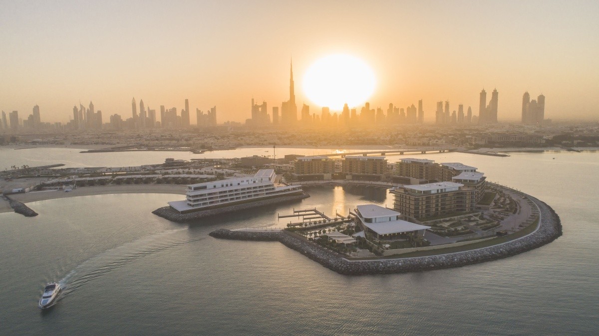 Low-rise villas and a marina on a quiet private island off the Jumeirah coast
