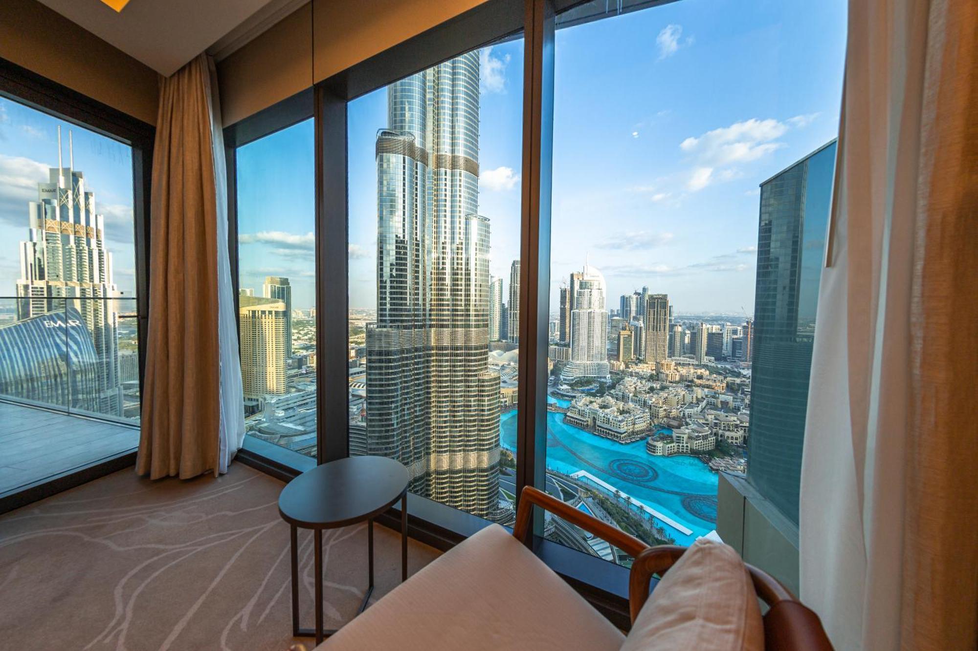 Hotel balcony in Downtown Dubai overlooking the fountain with Burj Khalifa opposite
