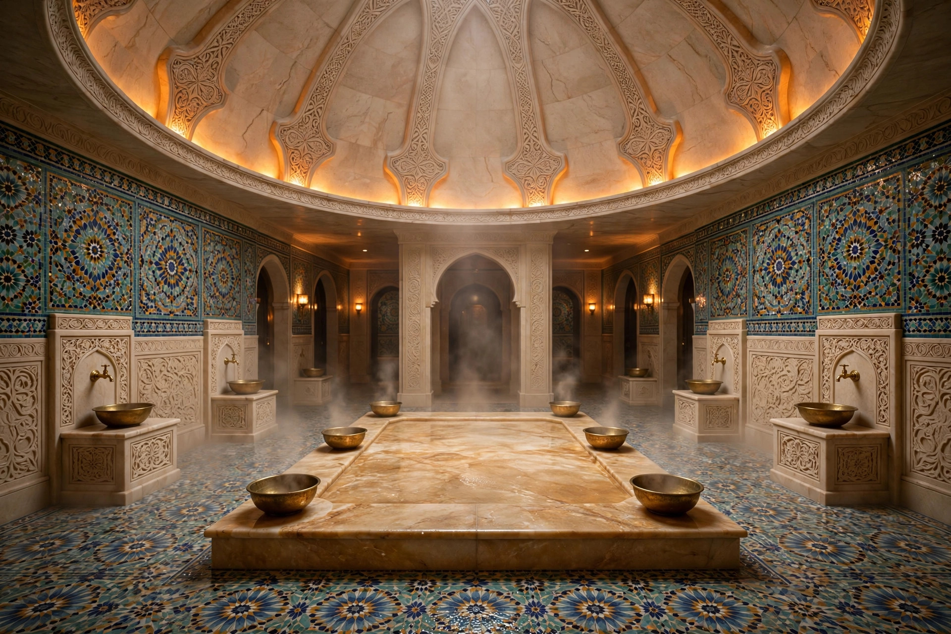 A domed marble hammam with a heated central slab inside a Dubai hotel spa