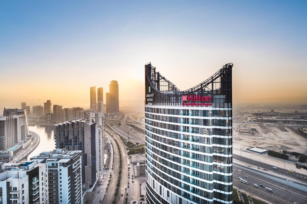 Hilton Garden Inn Dubai Business Bay modern hotel exterior near the canal