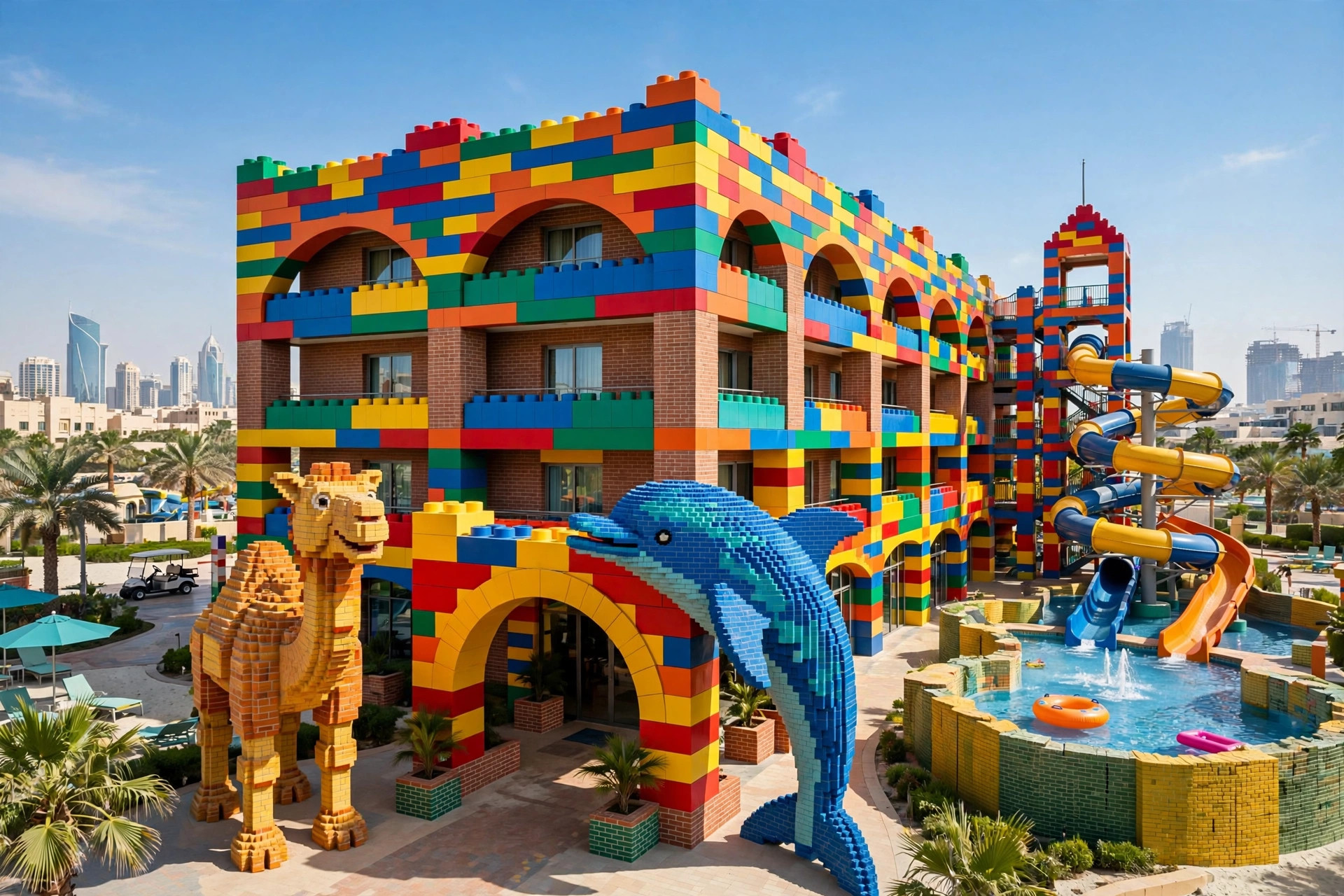Colourful LEGO-themed hotel with giant brick models and a family water park nearby in Dubai
