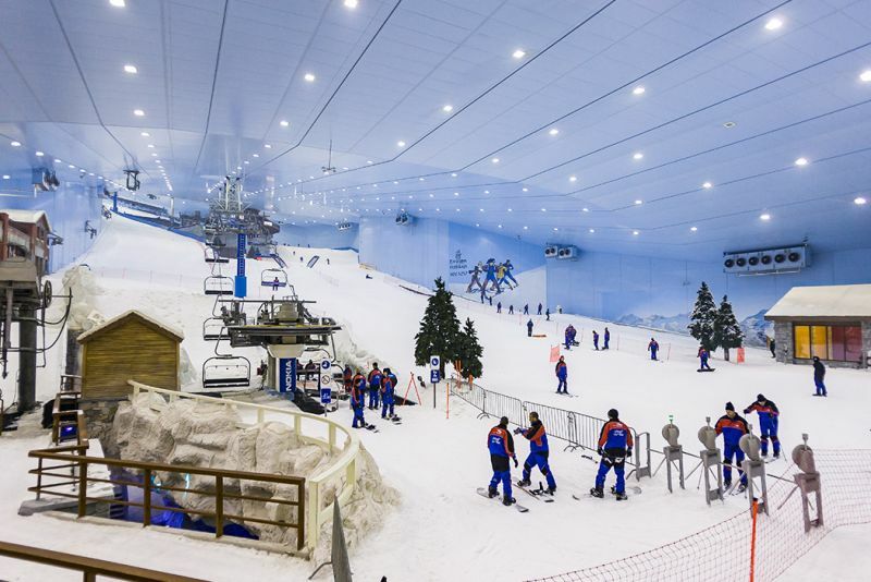 Skiers on the indoor snow slopes of Ski Dubai in Mall of the Emirates