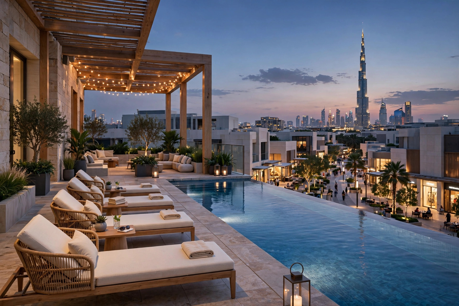 Rooftop infinity pool at La Ville Hotel in City Walk Dubai with Burj Khalifa views