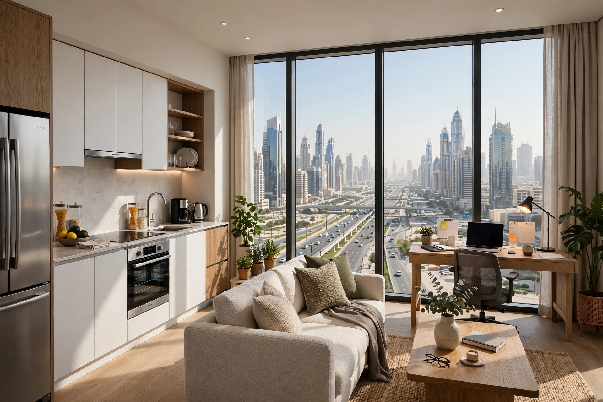 Serviced apartment living area with Sheikh Zayed Road view in Dubai