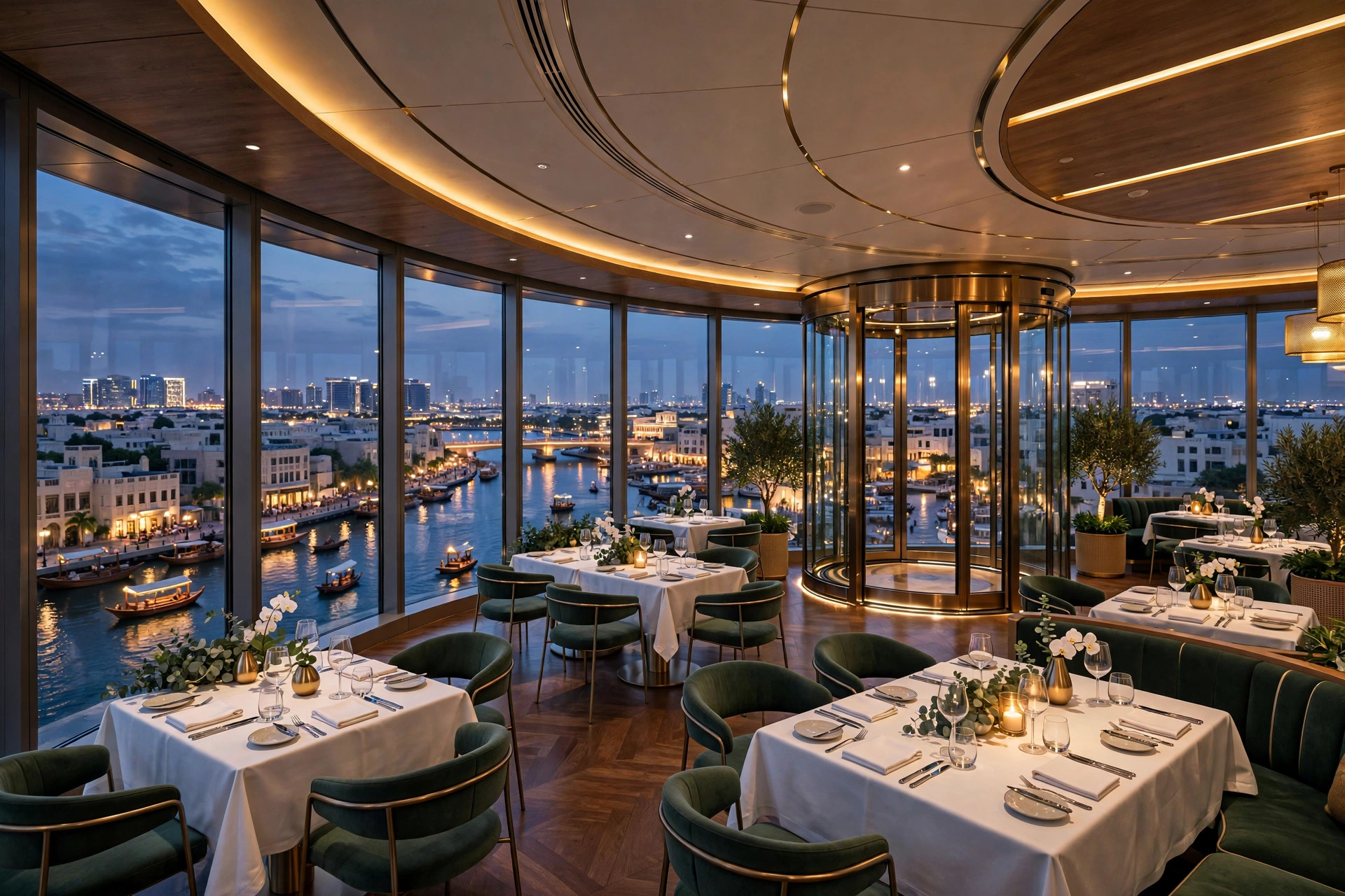 Revolving restaurant with panoramic windows overlooking Dubai Creek in Deira