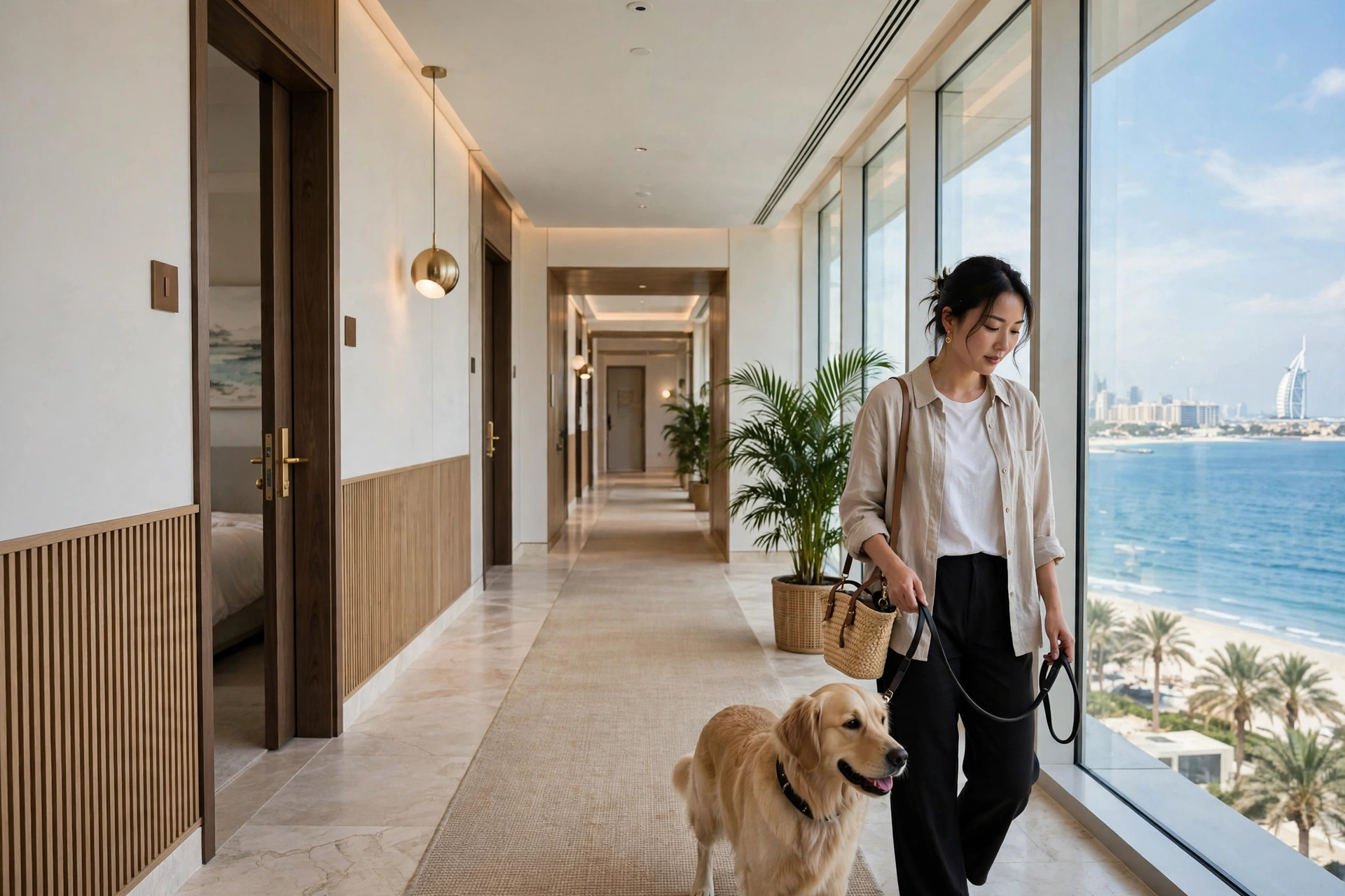 Dog on a leash inside a bright beach hotel corridor near Jumeirah Beach in Dubai