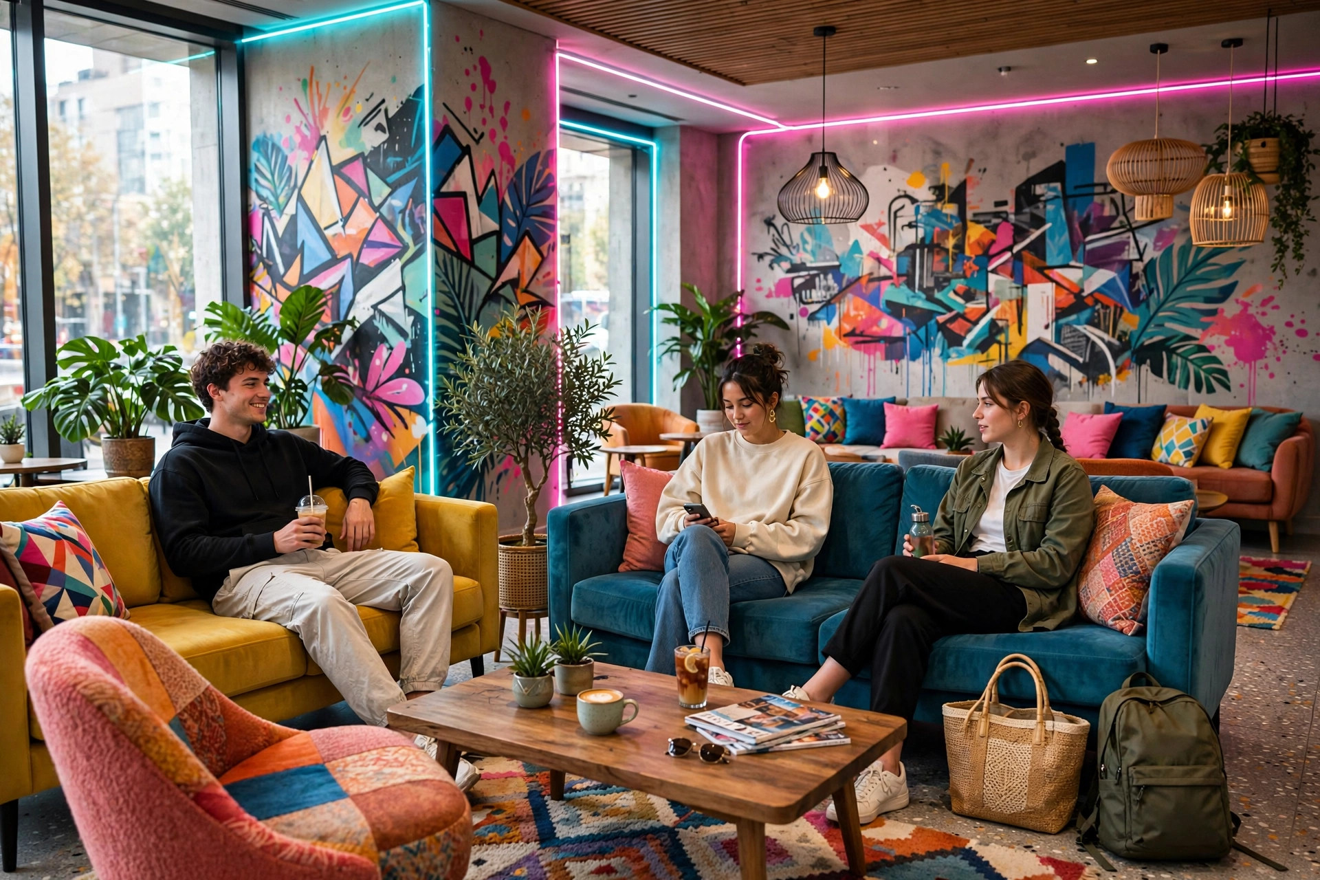 Modern colourful lobby of Rove At The Park hotel