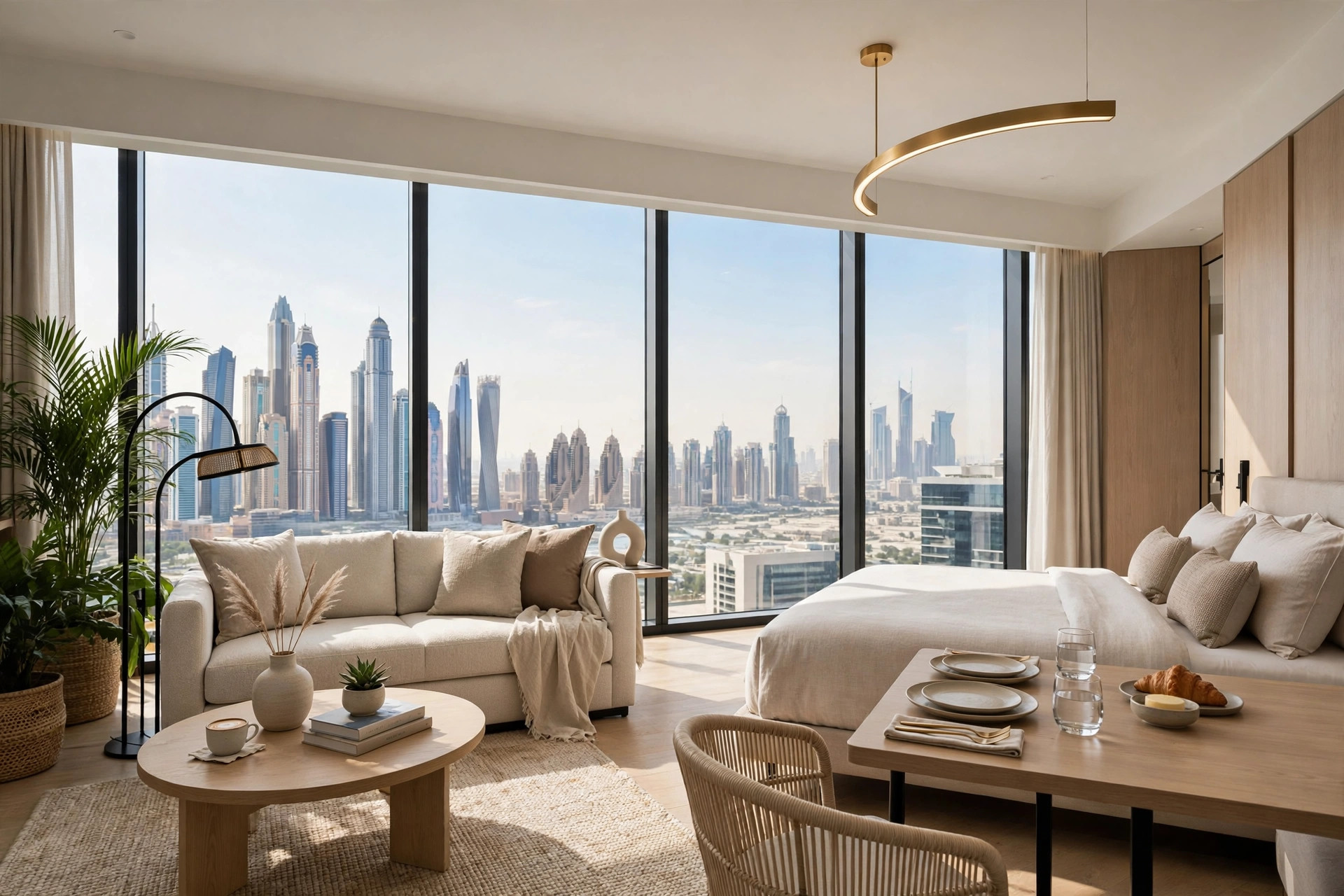 A modern Dubai hotel suite with a separate living area, sofa and dining table