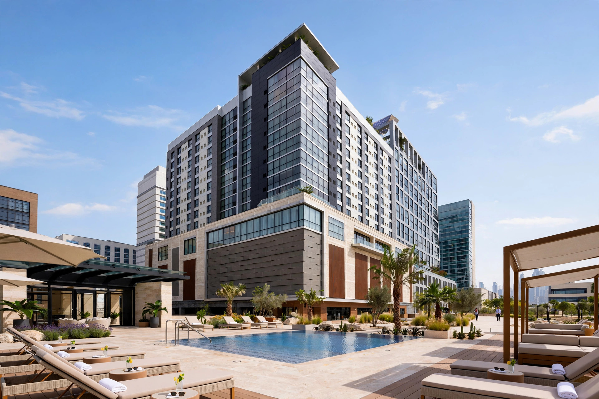 Contemporary hotel exterior in Dubai Science Park in warm evening light