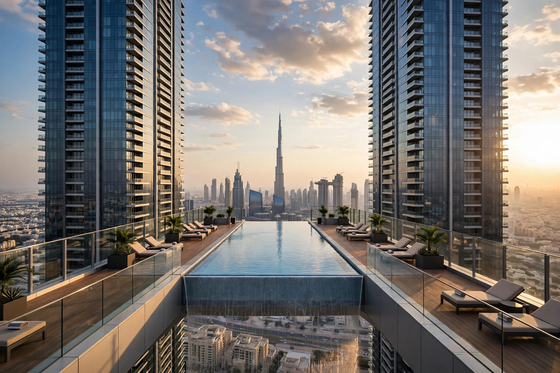 Infinity pool on a sky bridge in Downtown Dubai facing the Burj Khalifa