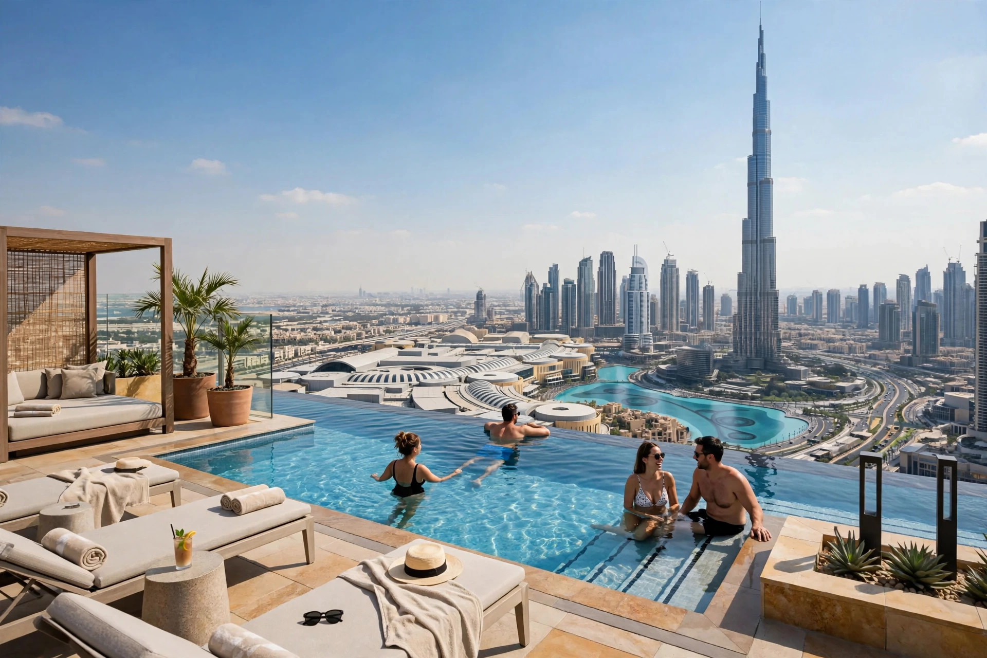 Vida Dubai Mall infinity pool with views towards Burj Khalifa