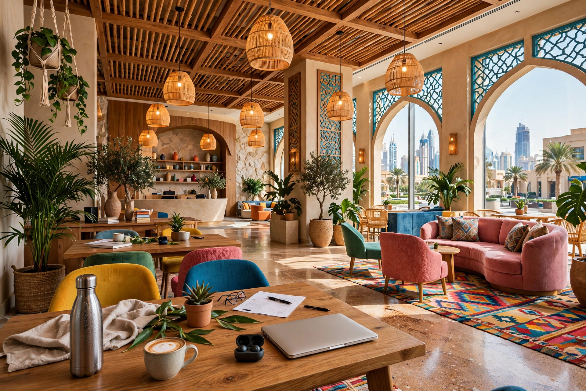Colourful co-working style lobby at Rove Trade Centre hotel in Dubai