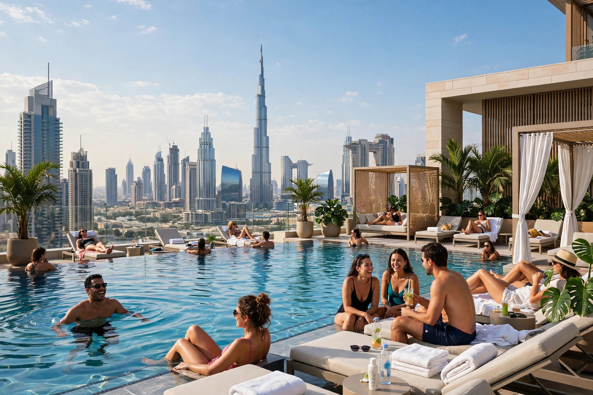 Social pool scene with skyline views at FIVE Jumeirah Village Dubai