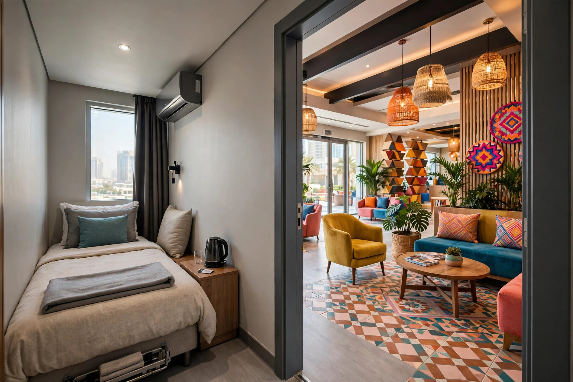 Compact modern room and colourful lobby at ibis One Central near the Trade Centre
