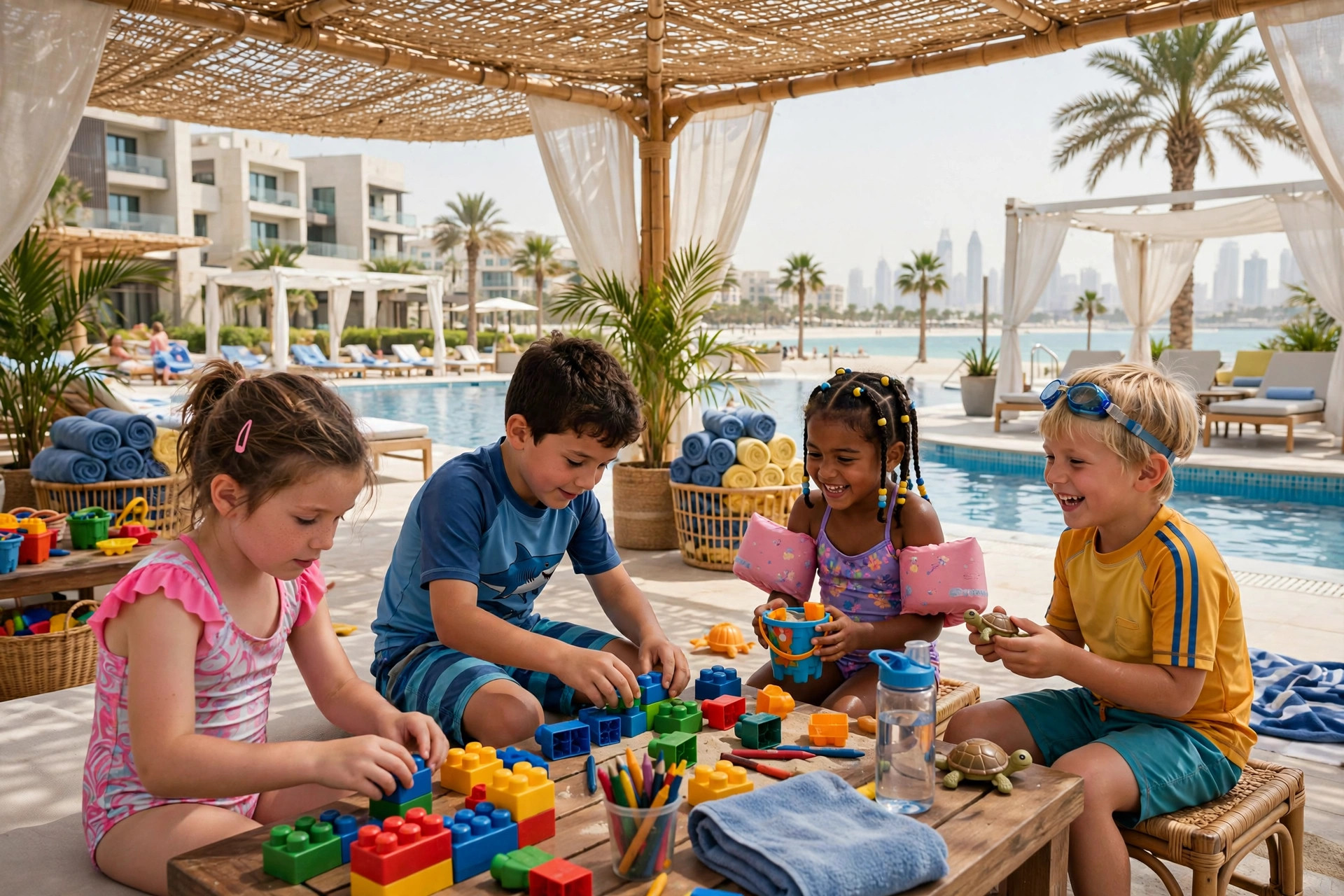 Children at a shaded poolside kids club at Le Meridien Mina Seyahi beach resort