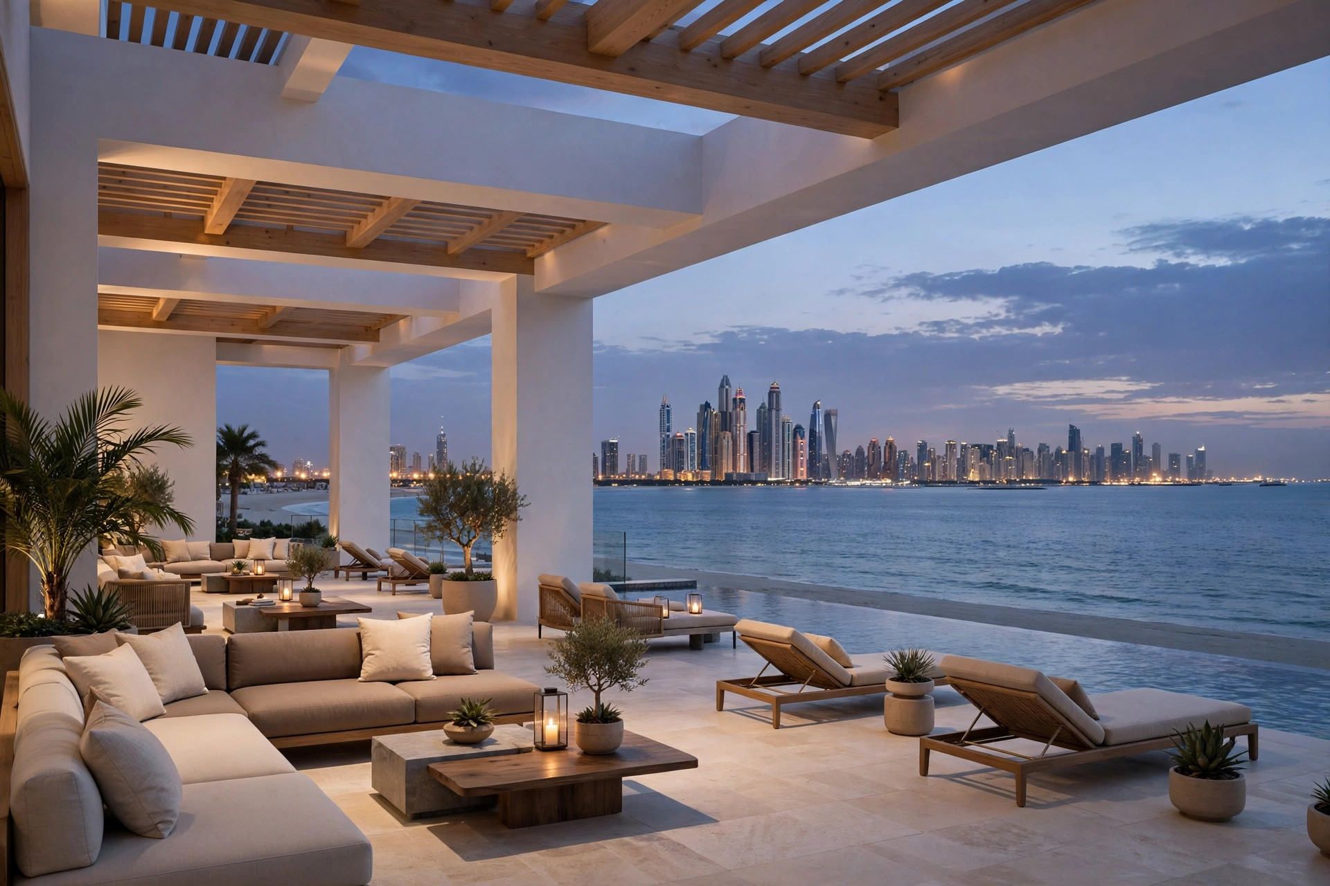 Modern beachfront resort terrace overlooking a calm sea with the Dubai skyline glowing at dusk