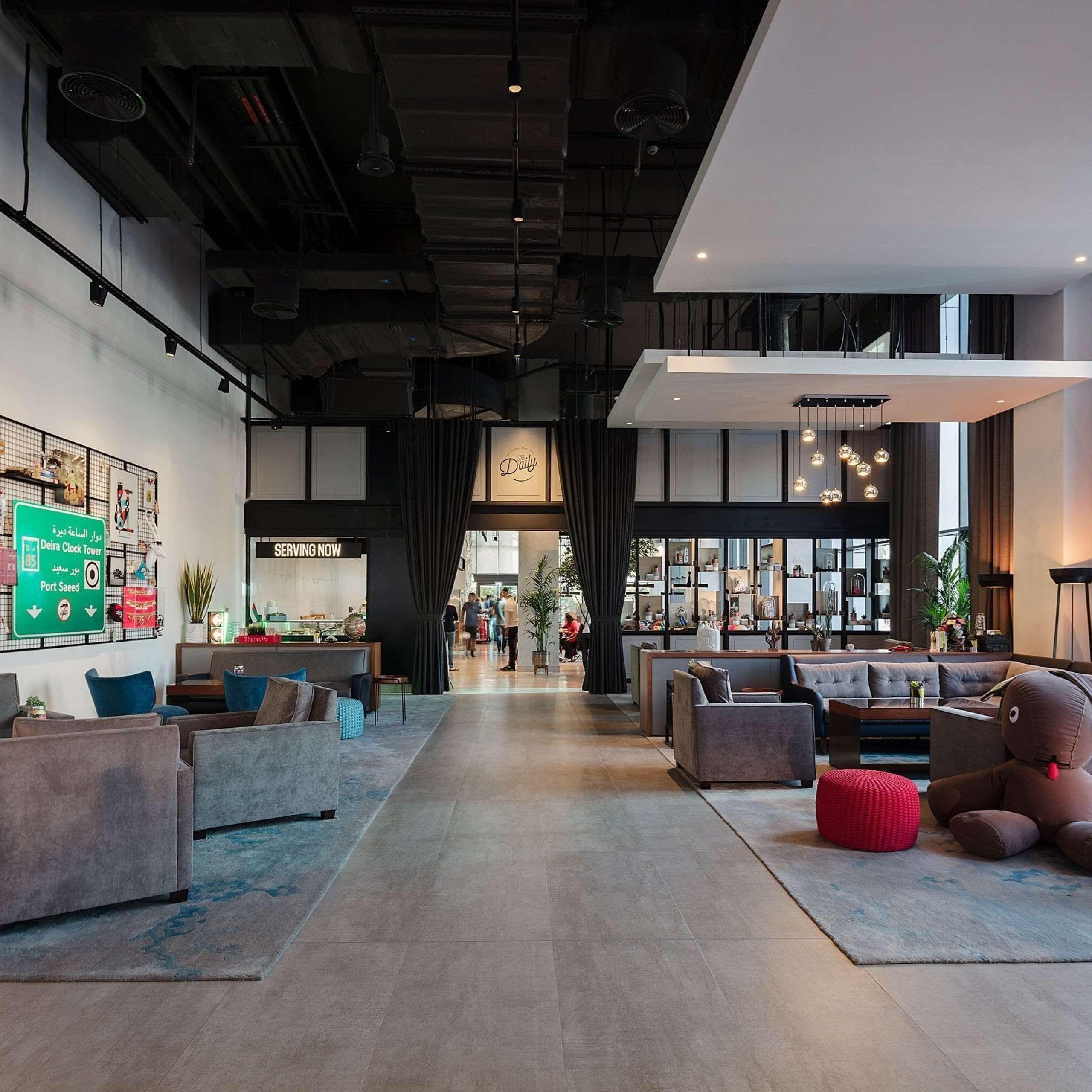 Colourful lobby and co-working space inside Rove City Centre Deira