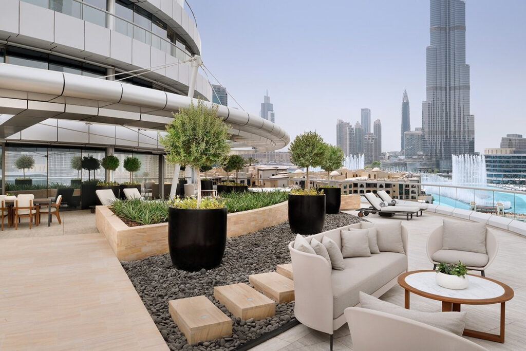 Address Downtown club lounge with Burj Khalifa and fountain views