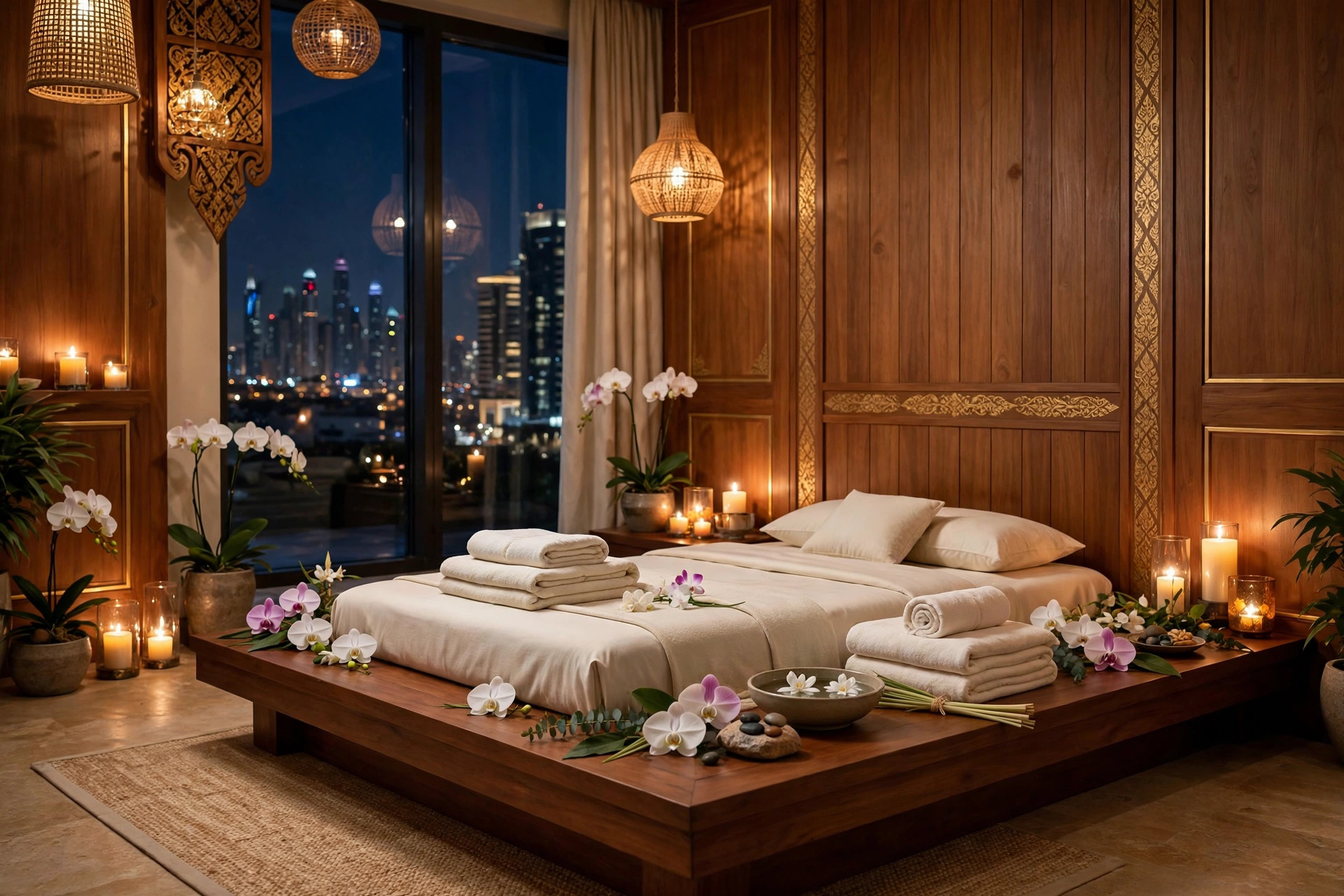 A Thai-inspired spa treatment room with orchids and warm candlelight in a Dubai hotel