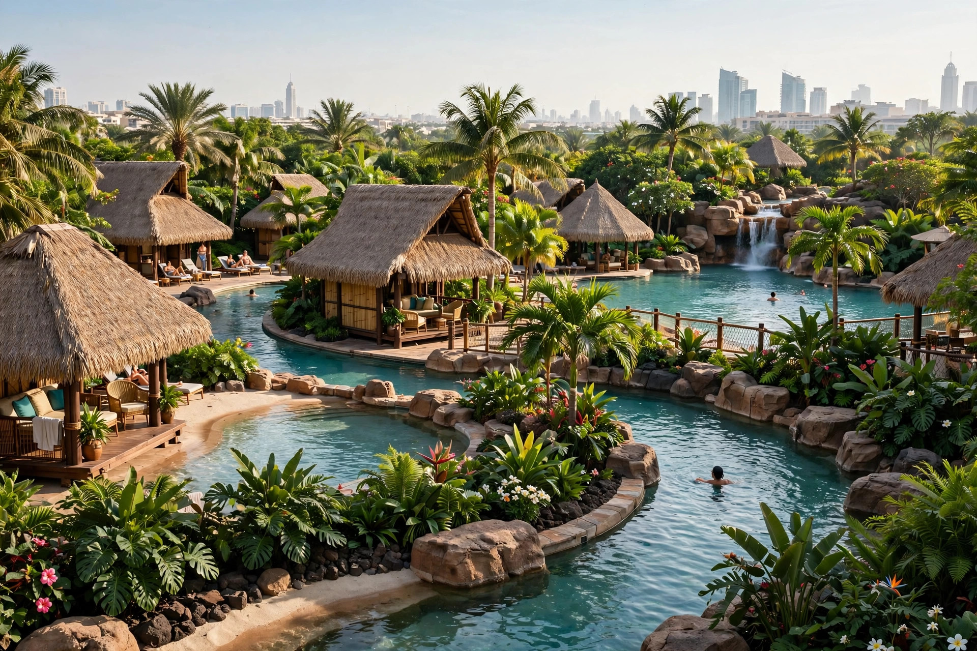 Polynesian-style resort pool with thatched-roof huts and tropical landscaping in Dubai