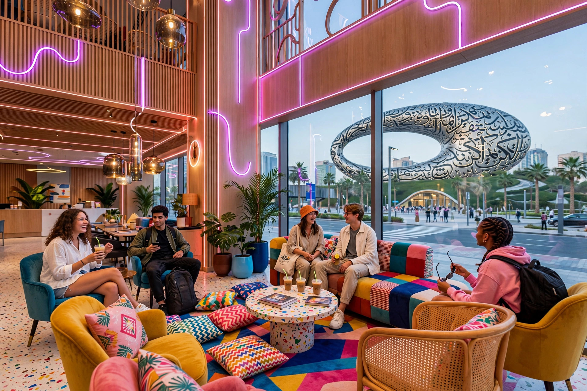 Colourful, eclectic lobby of 25hours Hotel Dubai One Central, a playful design hotel